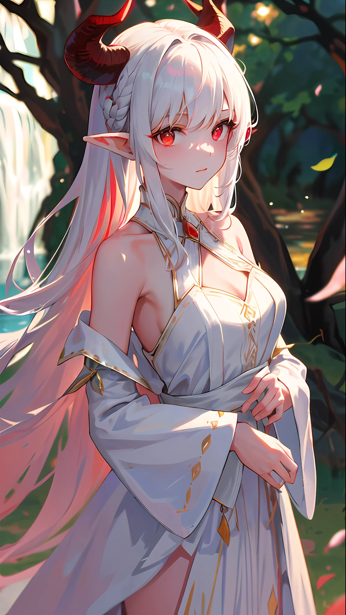 Red Devil's Horns, Masterpiece, Superb Painting, Illustrations, 1 Girl, Cute, (Dynamic Light: 1.2), Cinematic Light, Delicate Facial Features, (Beautiful Eyes: 1.2), (Red Eyes: 1.233), Waterfall Braid, Extra Long White Hair, Elf Ears, Depth of Field, Background Bokeh, Clear Focus, (Ultra Detailed, Glow, Glow: 1.4), Long White Hair, Beautiful Girly Face, Fair, Medium, Glow Body, (Bare Shoulders: 1.1), (Nudity: 1.1), Dress, trimmed white, delicate and gorgeous, (slit sleeves, wide sleeves),