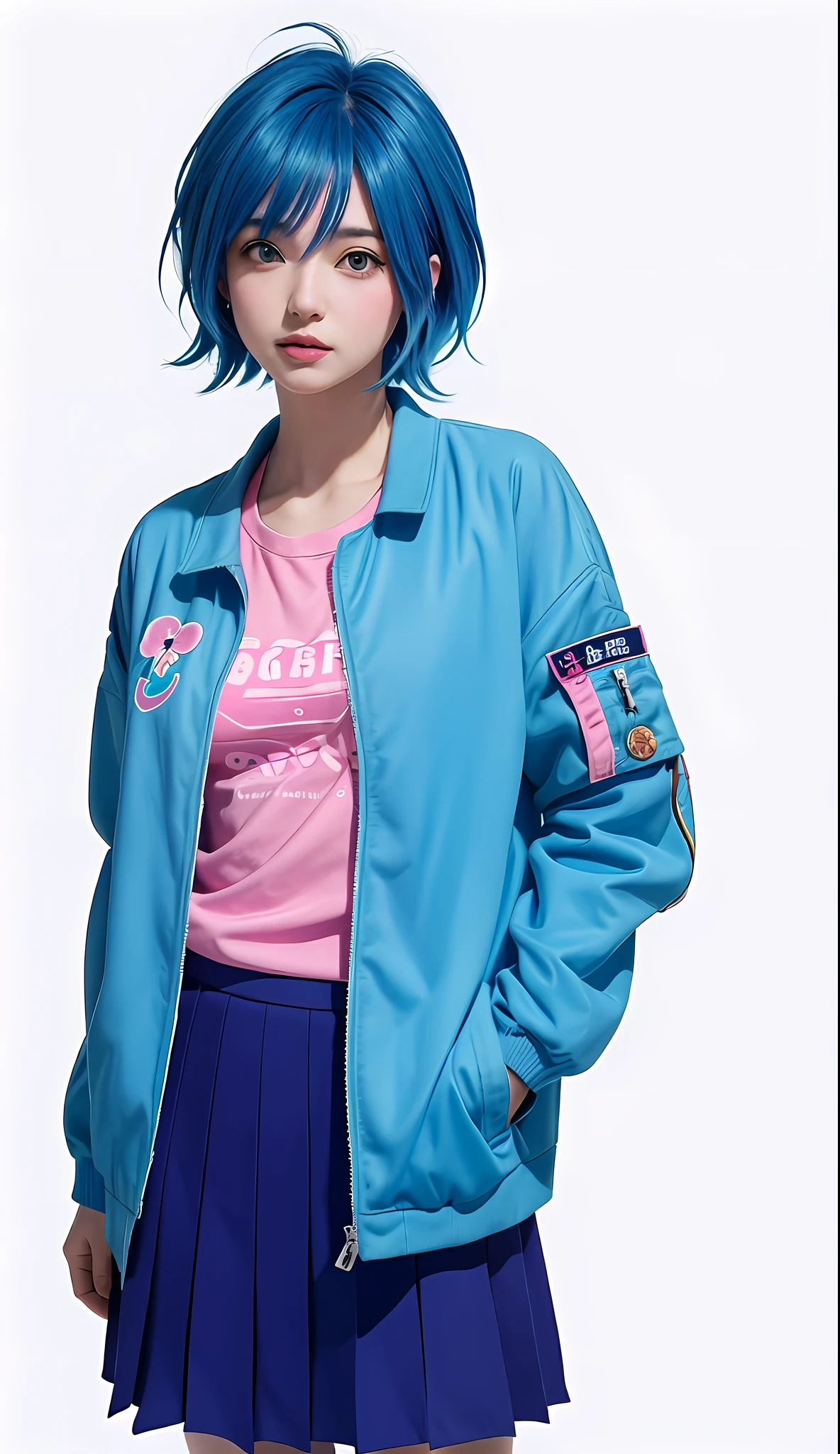 a cartoon of a woman with blue hair and a pink shirt, as an anime character, 2 d anime style, fubuki, inspired by Rei Kamoi, in an anime style, anime style character, short blue haired woman, wearing a blue jacket, in anime style, wearing blue jacket, inspired by Kusumi Morikage, red eyes, pleated skirt