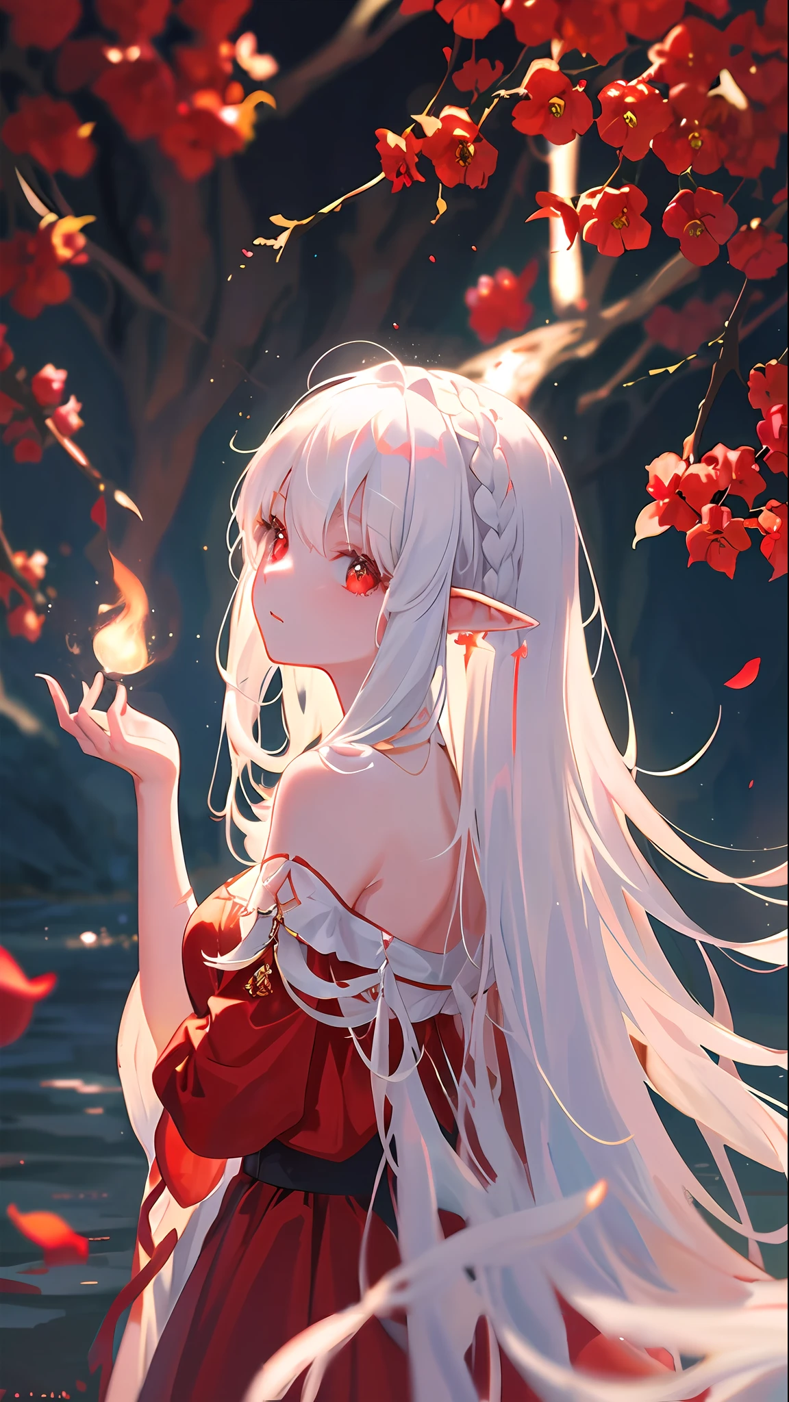 Red Devil's Horns, Masterpiece, Superb Painting, Illustrations, 1 Girl, Cute, (Dynamic Light: 1.2), Cinematic Light, Delicate Facial Features, (Beautiful Eyes: 1.2), (Red Eyes: 1.233), Waterfall Braid, Extra Long White Hair, Elf Ears, Depth of Field, Background Bokeh, Clear Focus, (Ultra Detailed, Glow, Glow: 1.4), Long White Hair, Beautiful Girly Face, Fair, Medium, Glow Body, (Bare Shoulders: 1.1), (Nudity: 1.1), Dress, trimmed white, delicate and gorgeous, (slit sleeves, wide sleeves),