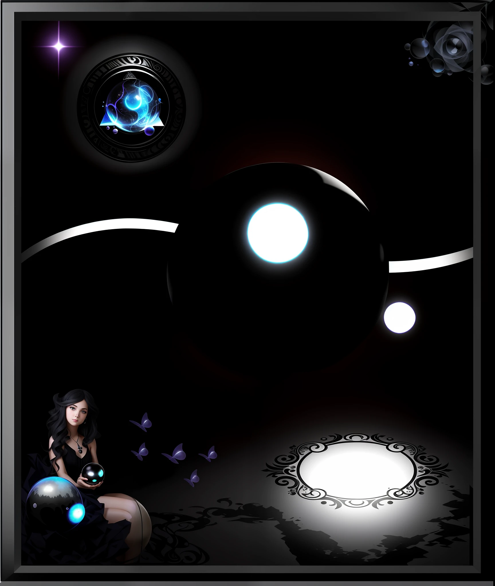 there is a picture of a picture of a girl and a ball, flying black marble balls, energy spheres, black jewellery, black pearls, sphere, crystal ball, obsidian globe, channeling mana, swirling black magic, orbs, black magic, black backround. inkscape, deviantart eka's portal, gaint black moon, black magic spells