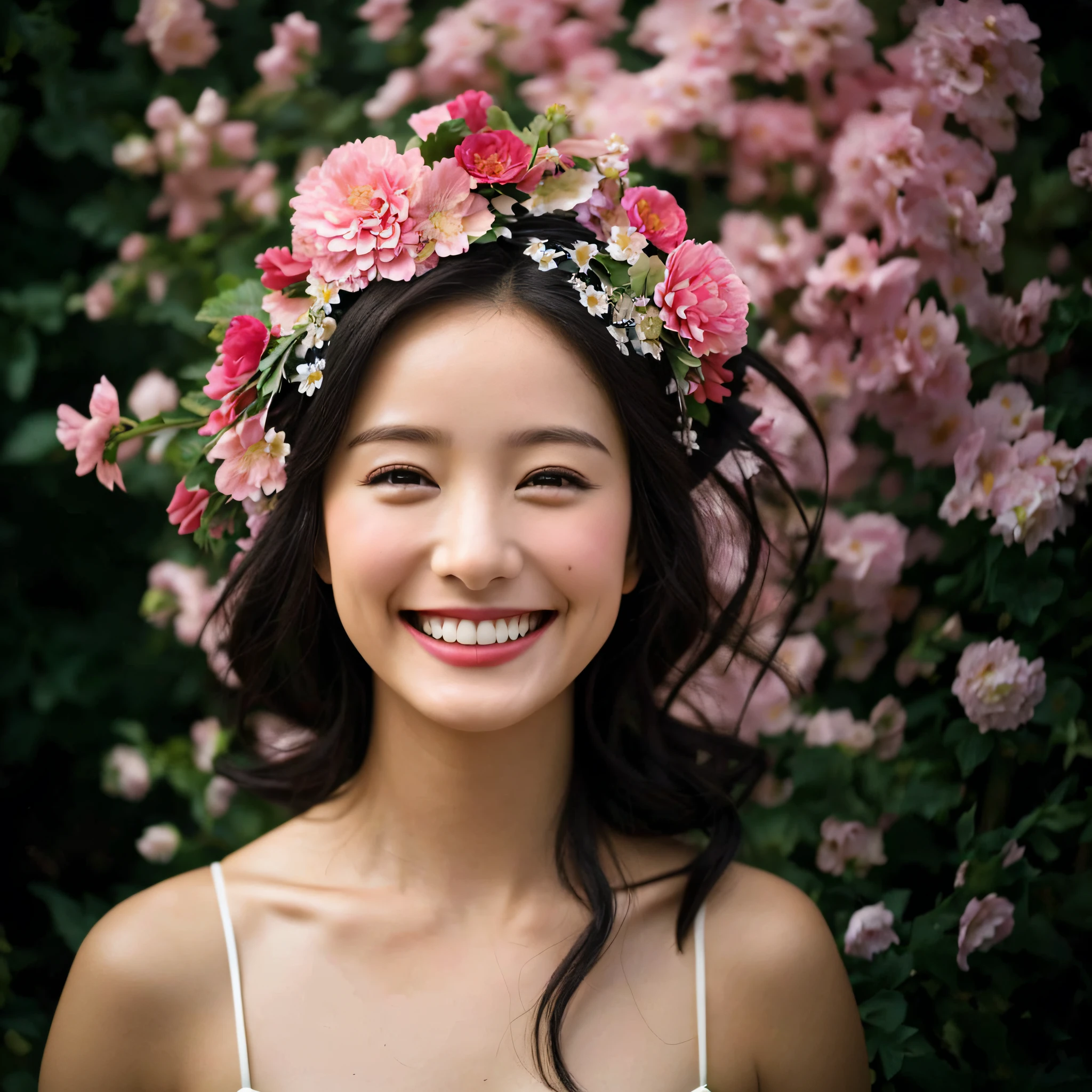 Beautiful woman with flowers and a crown of flowers in her hair, (smiling as much as possible:1.5), hair flyer, (black hair: 1.5), (black eyes: 1.5), (Japan people: 1.0), flower storm portrait, flower woman, hair flower, hair flower, flower girl, flower goddess, beautiful portrait photo, girl with flower head, perky woman made of petals, portrait of a woman with flowers, Girl at the front of the flower garden