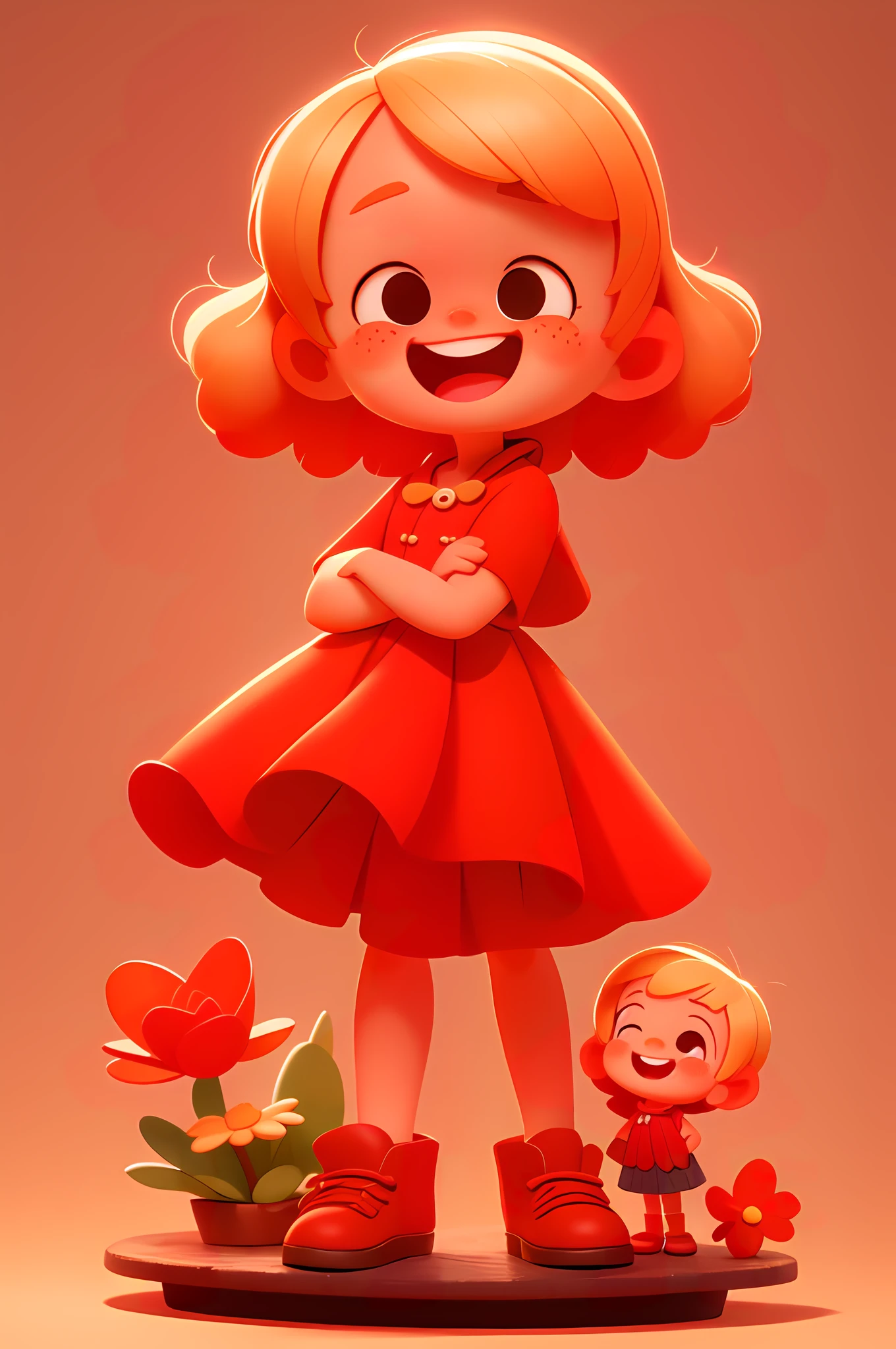 A happy cute girl standing holding a book, short blonde hair, head down, wearing a long red dress, Pixar style, 3D, cartoon, detailed face