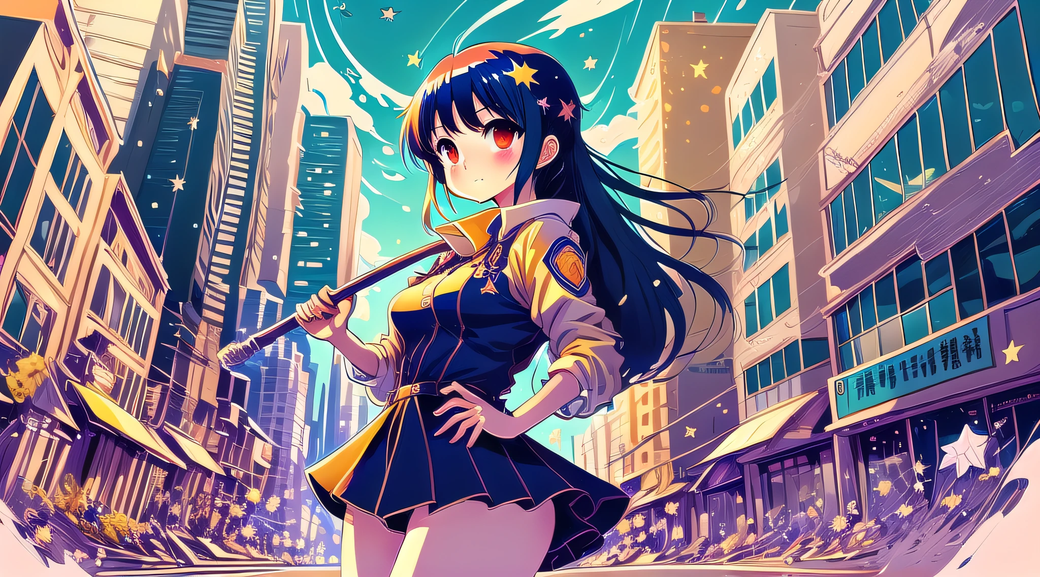 anime girl with a hammer and a star in her hand, promo art, official art, misato katsuragi, city hunter, makoto shinka, yayoi kasuma, official illustration, nishimiya shouko, shinkai makoto, hq artwork, mamimi samejima, production art, official artwork, promotional art, itsuko azuma