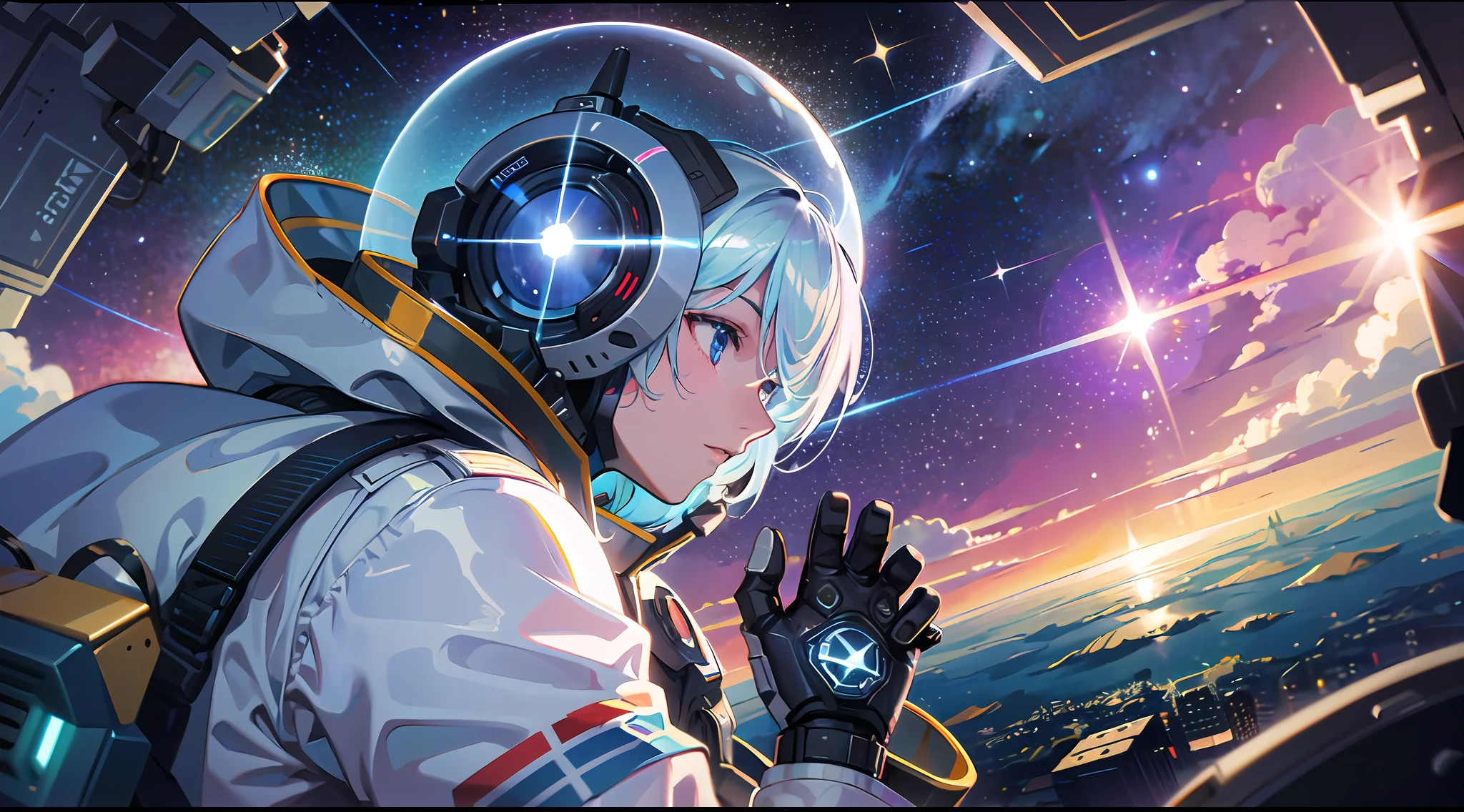 (8K, ultra-high resolution), (photorealistic: 1.3), masterpiece, (1 male character), Earth seen from space, comet, view from inside the cockpit of a robot, spacesuit, cyber pilot suit, hand gripping the control stick, operating equipment, radar, light effects, the earth spreading below, view over the man's back, looking down from above, aurora, beautiful light, Lens flare