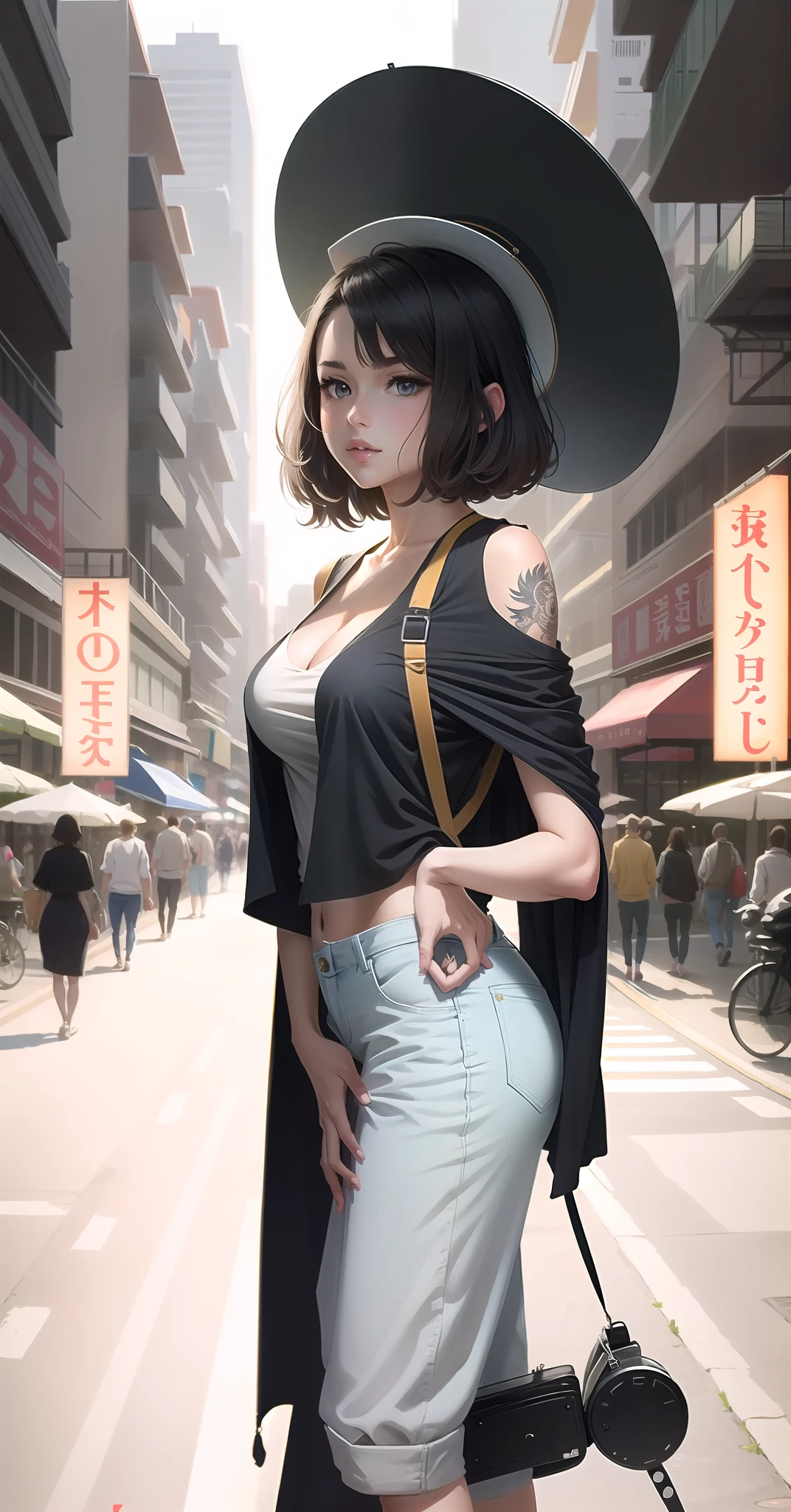 Anime girl, short hair girl, delicate face, tall EMO art student, full body illustration, hands in pockets, full body concept,!! Full body portrait!, Full body portrait of jeans! Background is bustling city streets and roads, detailed full body concept, guitar concept art, mechanical punk costumes, full body portrait, detailed full body concept art, full body pictures, Cushart Kenz, female full body