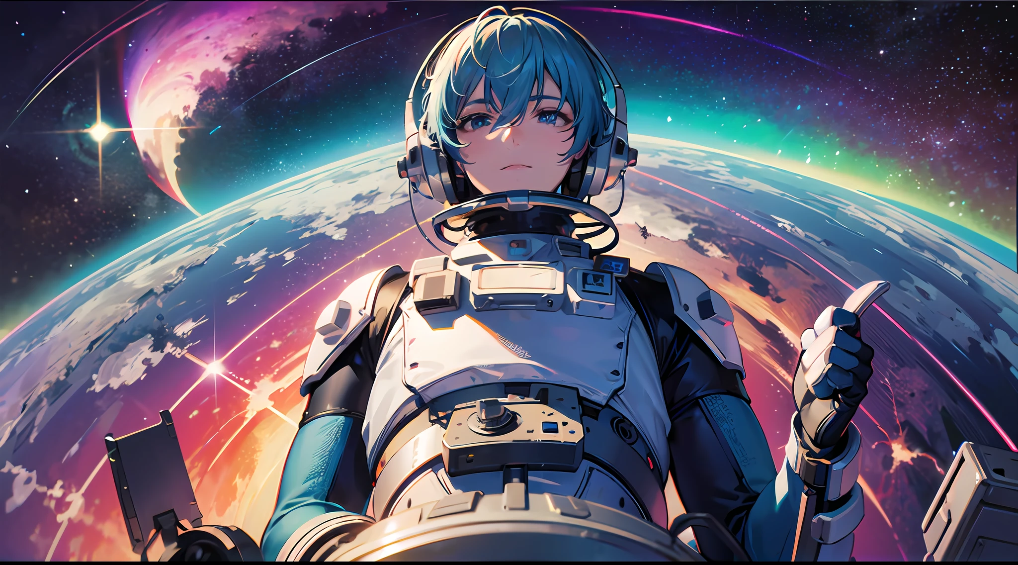 (8K, ultra-high resolution), (photorealistic: 1.3), masterpiece, (1 male character), Earth seen from space, comet, view from inside the cockpit of a robot, spacesuit, cyber pilot suit, hand gripping the control stick, operating equipment, radar, light effects, the earth spreading below, view over the man's back, looking down from above, aurora, beautiful light, Lens flare