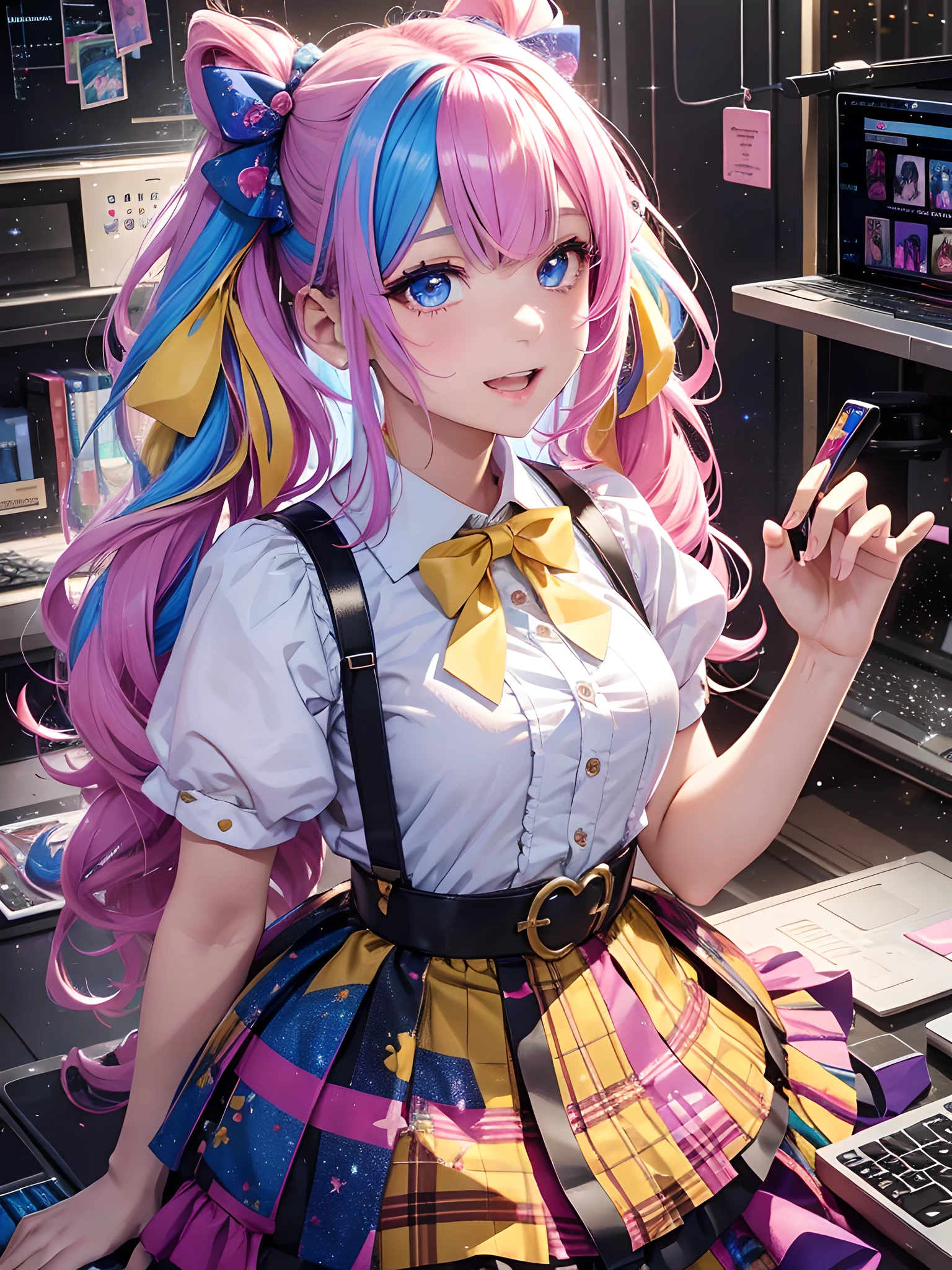 , 1girl, twintails, multicolored hair, hair over one eye, x hair ornament, hair ornament, blue eyes, blue hair, smile, bow, pink hair, blonde hair, solo, looking at viewer, yellow bow, indoors, heart, makeup, skirt, selfie, phone, dress, teeth, hairclip, monitor, reaching towards viewer, long hair, bangs, short sleeves, pink nails, bowtie, suspenders, yellow bowtie, hair tie, open mouth, computer, stuffed toy, sitting, shirt, livestream, belt, quad tails, pill, v,sparkle,violet lighting,,the most beautiful form of chaos, elegant, a brutalist designed, vivid colours, romanticism, atmospheric, (RAW photo, best quality), (realistic, photo-realistic:1.3), masterpiece, an extremely delicate and beautiful, extremely detailed,, (floating colorful {wind|water magic|ink|crystals|fire|ice|flame|lightning|web|rocks|sand|particles|sparkles|blood}:1), --auto --s2