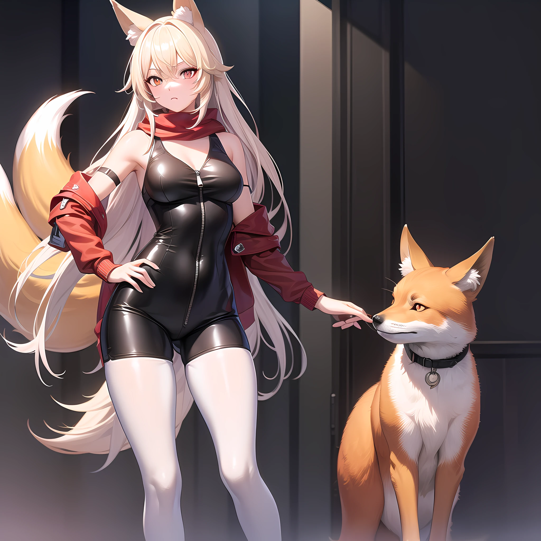 Masterpiece, Best Quality, CG, Wallpaper, HDR, High Quality, HD, Very Detailed, Long White Hair, Blonde Eyes, Red Eyeshadow, Fox Ears, Fox Tail, White Jacket, Red Scarf, Black Jumpsuit, White Hot Pants, Orange-Red Knee Pads, Orange-Red Sneakers, Animal Ear Maiden, Cyberpunk