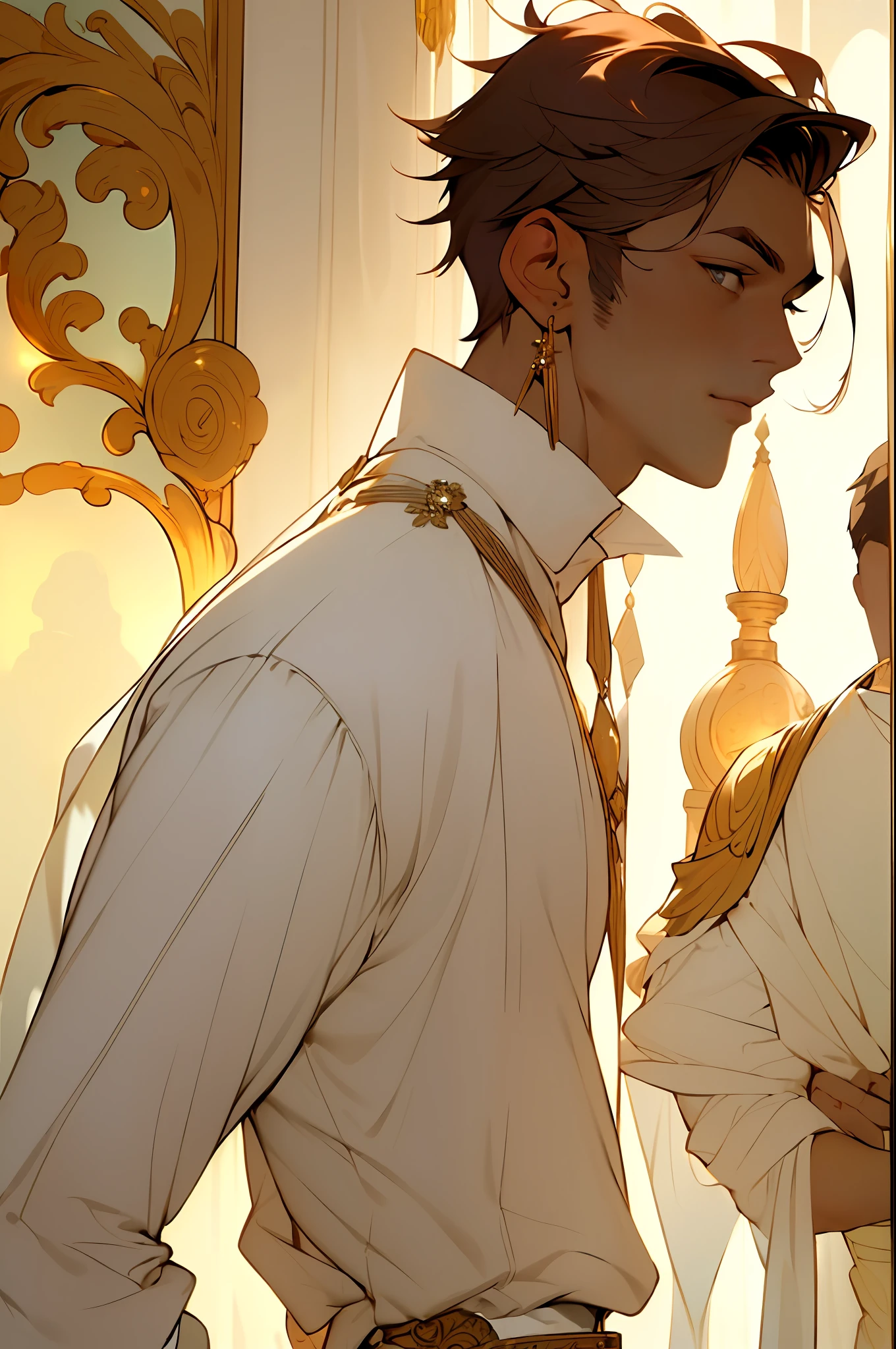 ((Masterpiece, Excellent)), 1 male solo, close-up, (Clear eyes), (Fashion), (Short brown hair), (Handsome boy), (Clear facial features, detailed skin texture, handsome face), masculine, white background, Earrings (Masterpiece, Top Quality, Best Quality), (((Flat Color))),