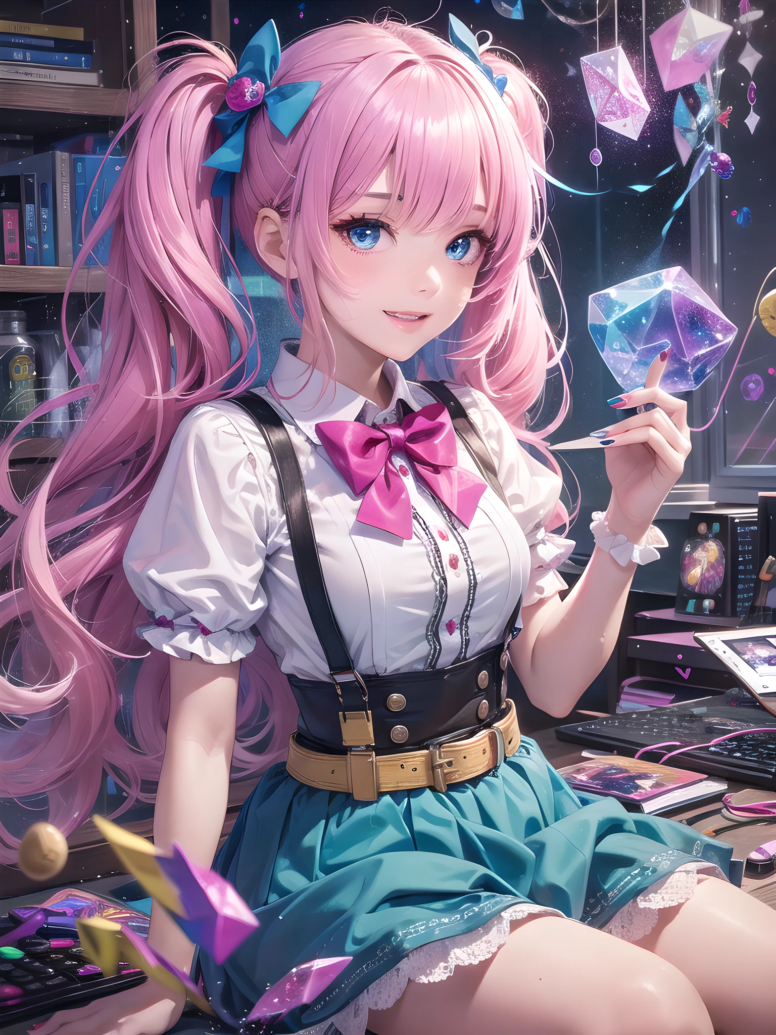 , 1girl, twintails, multicolored hair, hair over one eye, x hair ornament, hair ornament, blue eyes, blue hair, smile, bow, pink hair, blonde hair, solo, looking at viewer, yellow bow, indoors, heart, makeup, skirt, selfie, phone, dress, teeth, hairclip, monitor, reaching towards viewer, long hair, bangs, short sleeves, pink nails, bowtie, suspenders, yellow bowtie, hair tie, open mouth, computer, stuffed toy, sitting, shirt, livestream, belt, quad tails, pill, v,sparkle,violet lighting,,the most beautiful form of chaos, elegant, a brutalist designed, vivid colours, romanticism, atmospheric, (RAW photo, best quality), (realistic, photo-realistic:1.3), masterpiece, an extremely delicate and beautiful, extremely detailed,, (floating colorful {wind|water magic|ink|crystals|fire|ice|flame|lightning|web|rocks|sand|particles|sparkles|blood}:1), --auto --s2
