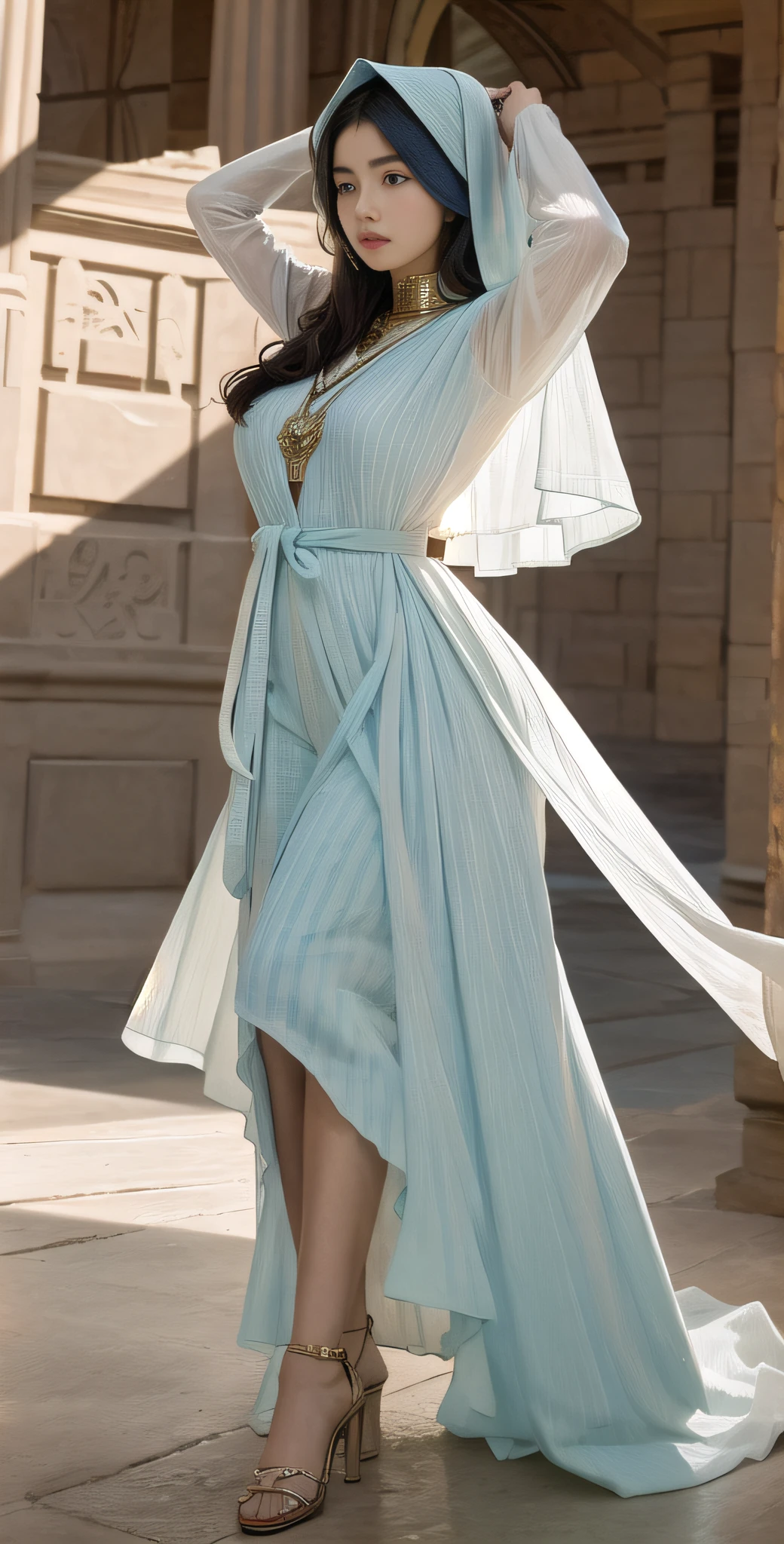 (long robe) (long clothes) (nikab) (burqa) (detailed) (realistic) (real life) (cinamatic shot) (portrait) (modeling) (blurred background) (windy clothes) (pose) (powerful pose) Majestic Egyptian woman: Timeless beauty
Mummy stripes: Meticulously wrapped
Awe and reverence: Evoked
Astounding quality: Limits pushed
Iconic pyramids: Majestic grandeur
Rich history and mystery: Echoed
Highest resolution: Fine nuances revealed
Emotions: Wonder, Admiration, Intrigue
Desert atmosphere: Vastness, Tranquility
Extraordinary portrayal: Unforgettable experience
Artistry and history: Converged