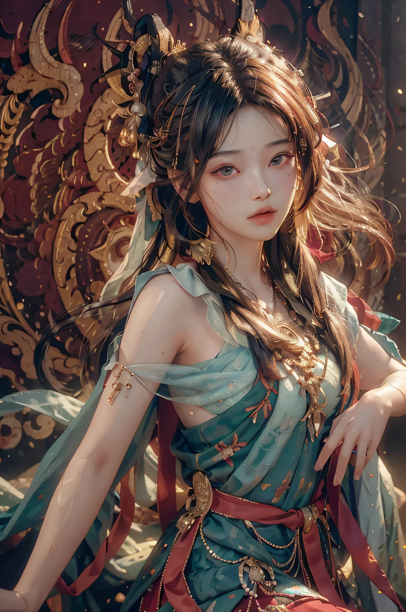 (RAW photo, best quality), (realistic, photo-realistic:1.3), best quality, highly detailed, masterpiece, ultra-detailed, illustration, dynamic lighting, a very beautiful face face, 4K, 1girl, upper_body, dynamic angle, world mastery theater, messy_long_hair, best quality, extremely detailed CG unity 8k wallpaper, ink, amazing, cinematic lighting, lens_flare, dunhuang_style