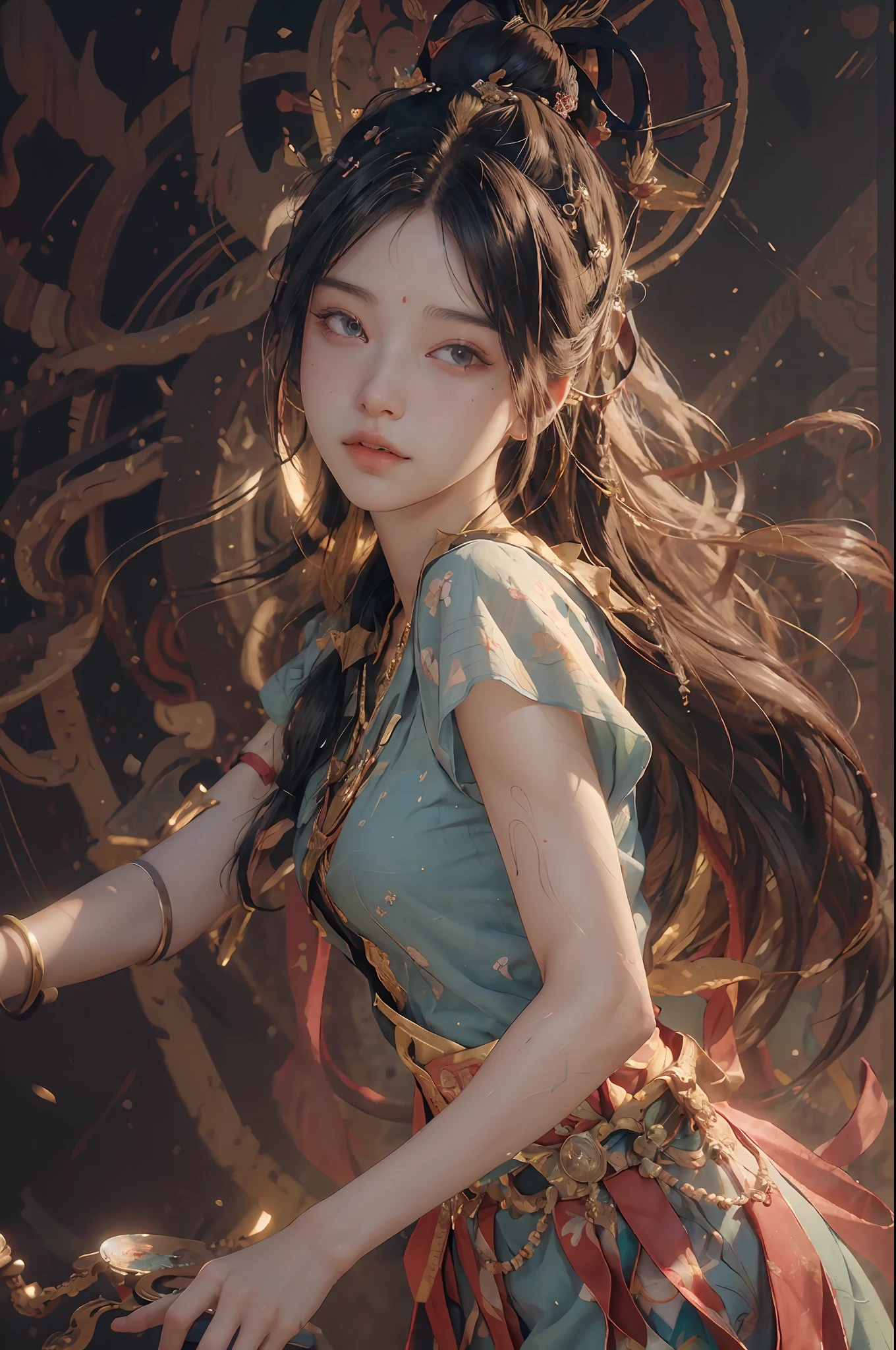 (RAW photo, best quality), (realistic, photo-realistic:1.3),best quality,highly detailed,masterpiece,ultra-detailed,illustration,1girl,upper_body,dynamic angle,world masterpiece theater,messy_long_hair,best quality,extremely detailed CG unity 8k wallpaper,ink,Amazing,cinematic lighting,lens_flare, dunhuang_style