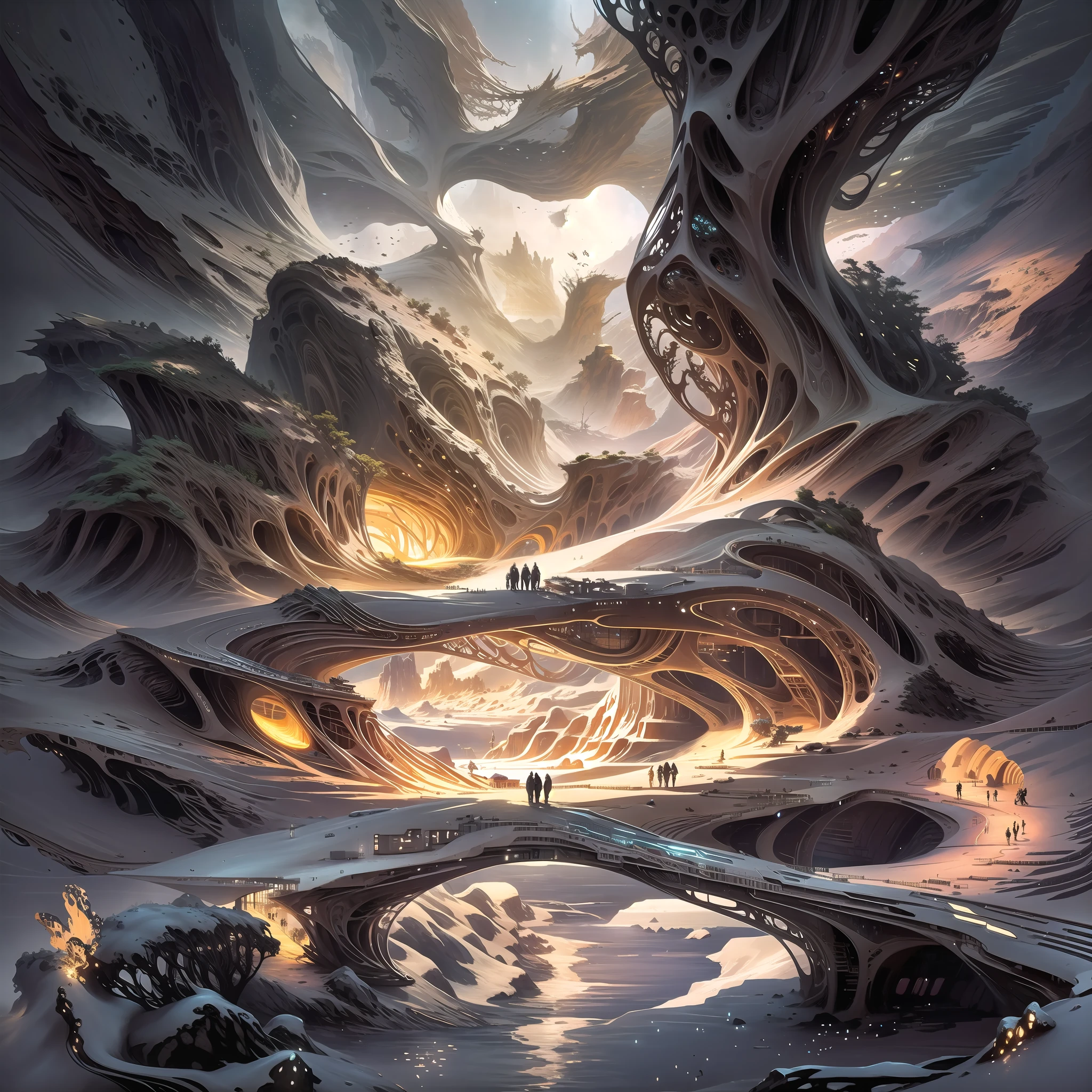 futuristic art of a futuristic bridge cliff House on grand Canyon with people walking over it, futuristic landscape, concept art 8 k, 8 k high detail concept art, futuristic architectural art, 8k concept art, 8 k concept art, surreal sci fi architecture, 8k stunning artwork, futuristic valley, smooth digital concept art, futuristic architecture concept, epic fantasy sci fi illustration, 8k resolution concept art