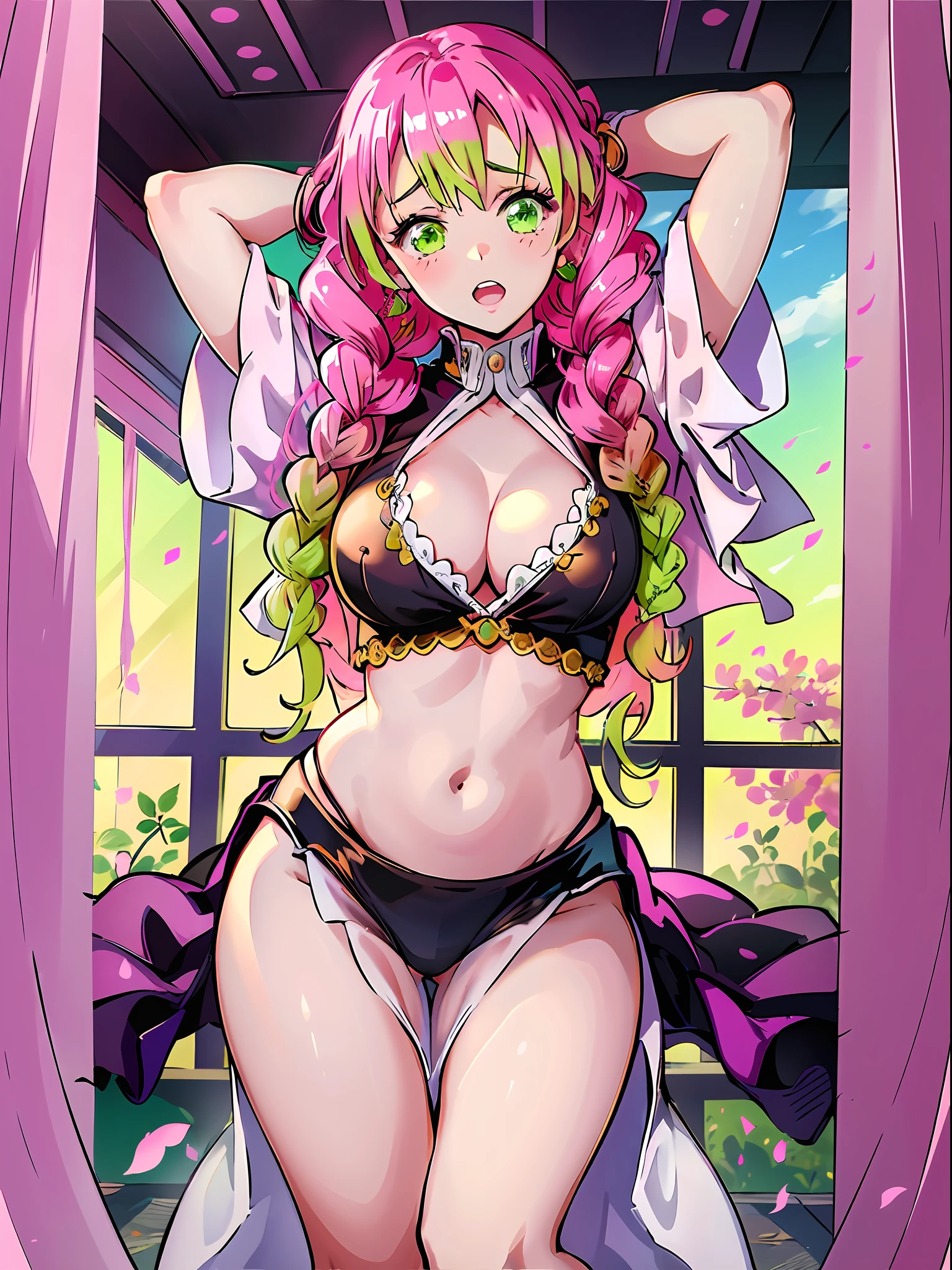 kanroji_mitsuri, 1girl (masterpiece) (best quality) (shiny hair) (shiny skin), tucked flared Lace see-through Blouse, belly dancing, paleo, dancing princess, gradient hair, pink hair, green hair,