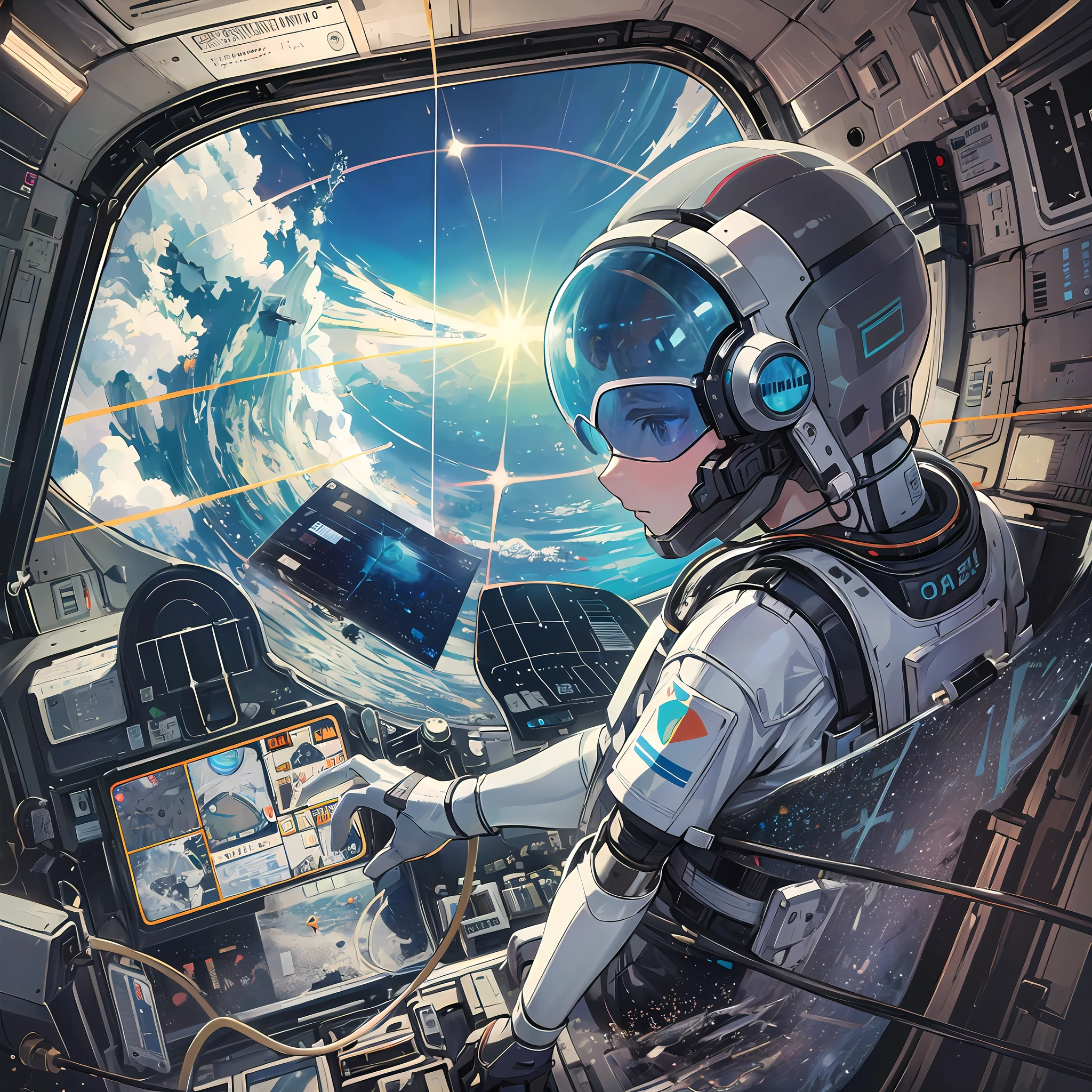 (8K, Ultra High Resolution), (Photorealistic: 1.3), Masterpiece, (1 male character), Earth seen from space, Comet, View from inside robot cockpit, spacesuit, cyber pilot suit, hand gripping control stick, operating equipment, radar, light effects, Earth below, view over the man's back, from above