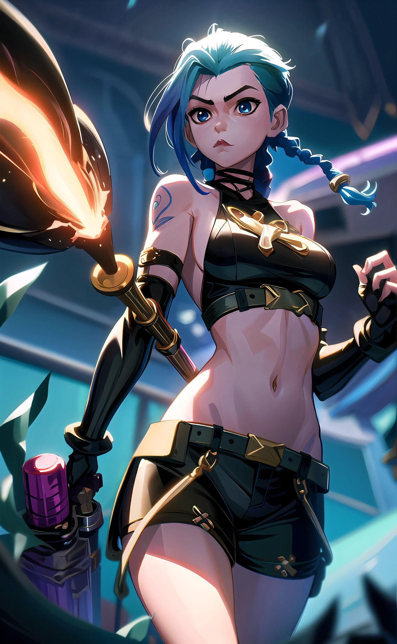 Jinx \(Arcane\), 1girl, combat position, long hair, two braids, tattoos on the body, clouds print, belt, Main weapon Gene "Pyshch-Pyshch", shocker "Chpoker", "grenades-biters", Super-mega-rocket, as well as a shark-shaped rocket launcher "Skeleton", bodysuit, open navel, exfoliated sleeves, blue eyes, thigh vent, holding, holding a weapon, looking at the viewer, night, night sky, bag, sky, solo, weapon, white hair, wire, short shorts, shorts, open jacket, ((masterpiece, best quality)), close-up, straight, ((1 girl)), (incredible absurdity), (detailed light), lighting, colorful, layered background, (gorgeous background), dynamic angle, delicate background, (glitter),