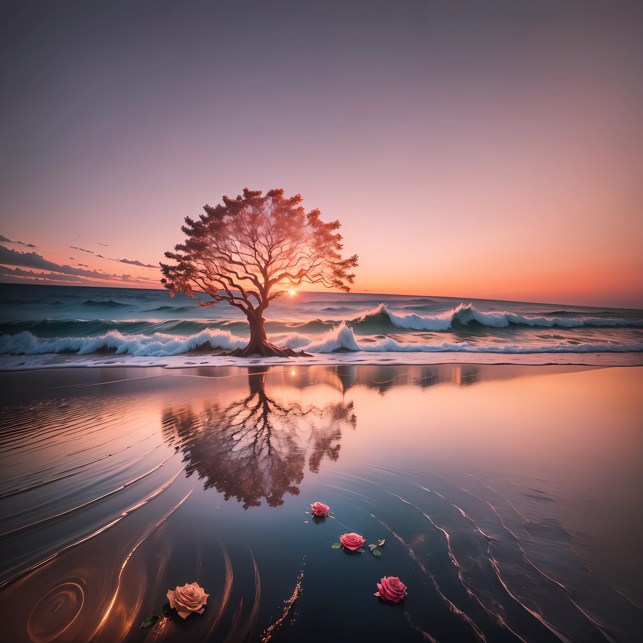 “Subtle and beautiful sunset scene with a glistening ocean reflecting the dawn. A giant glamorous tree adorned with rose gold leaves, gently dropping from its branches. Camera view looking down. 8K UHD, DSLR quality, soft lighting, film grain, inspired by Fujifilm XT3.” --auto --s2