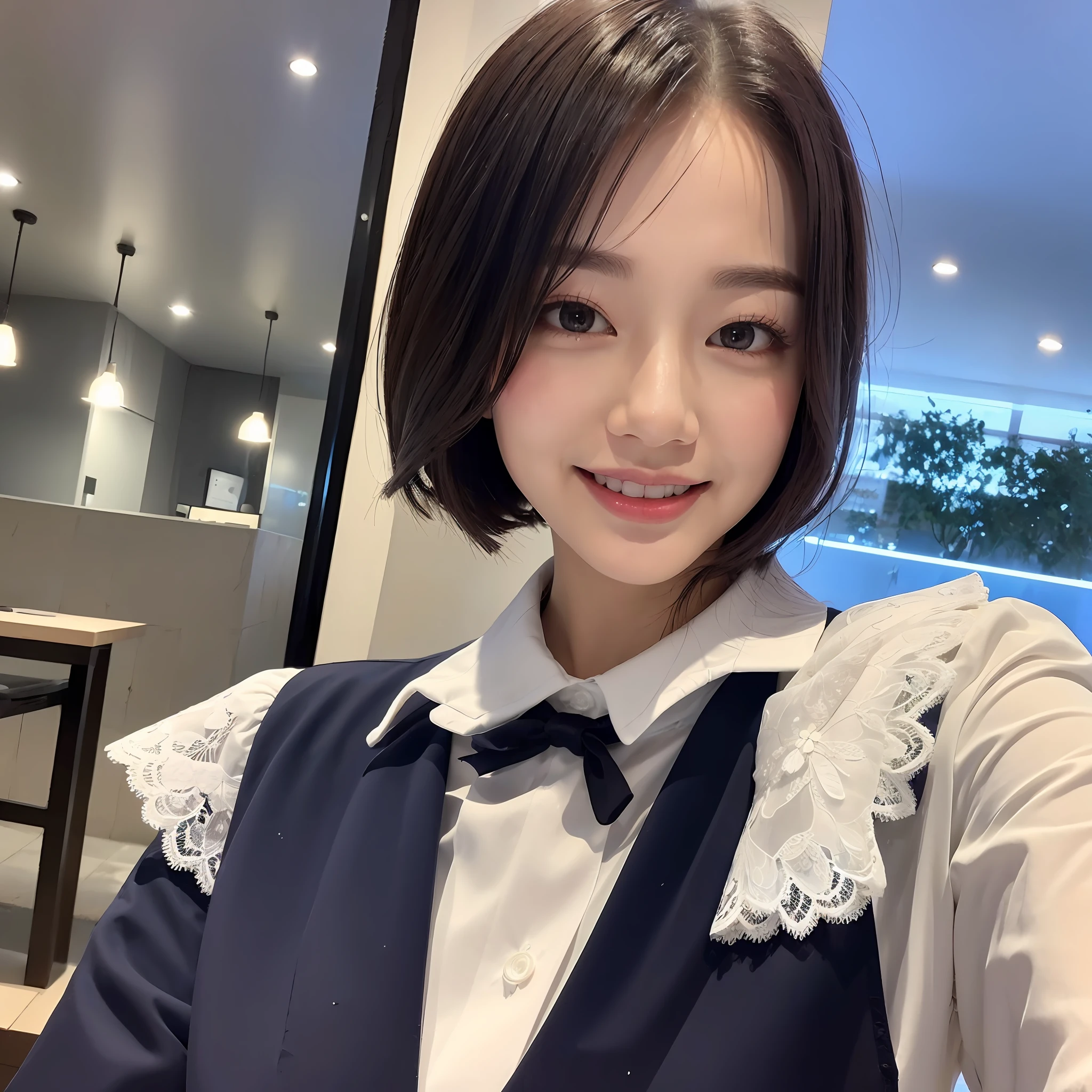 (8k, Best Quality, Masterpiece: 1.2), (Realistic, Realistic: 1.37), Ultra Detailed, 1 Girl, Cute, Solo, Beautiful Detailed Sky, Detailed Cafe, Night, Sitting, Dating, ( red nose), (smile: 1.15), (shut up) small breasts, beautiful and delicate eyes, (collared shirt: 1.1), night, wet, business attire, rain, white lace, (short hair: 1.2), flowing hair NovaFrogStyle,