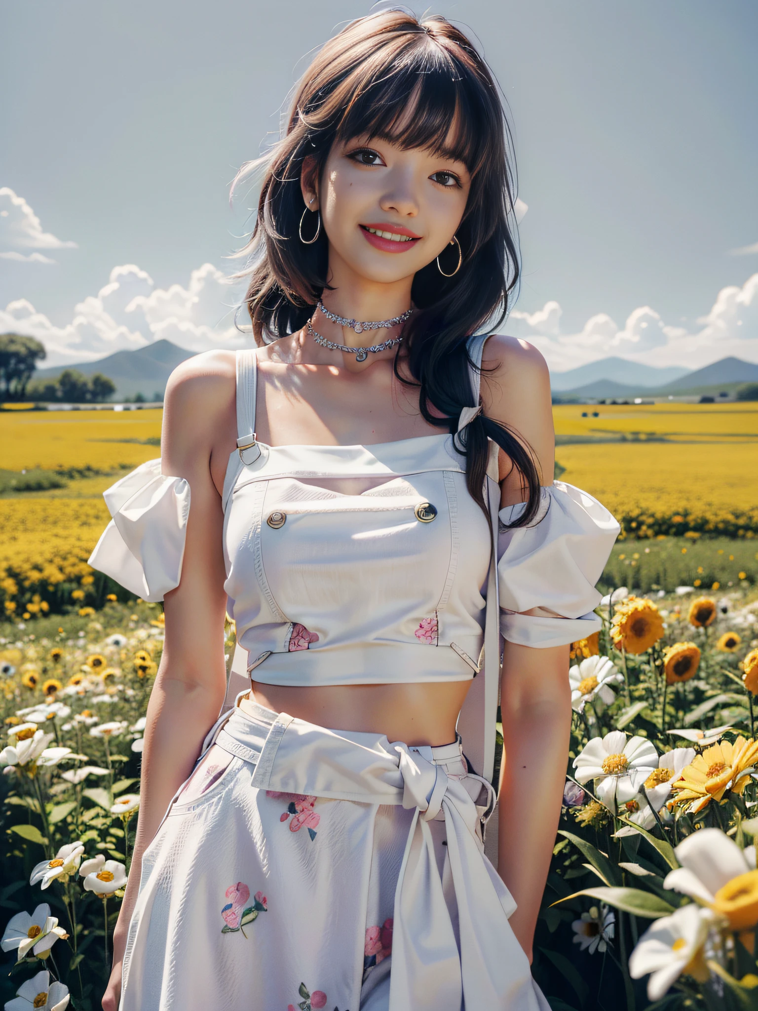 lisa, lisa face, best quality, masterpiece, super high resolution, (realism: 1.4), white suspenders, open waist, bare shoulders, micro-milk, blooming flower field, glowing skin, light smile lisa human face, flowers