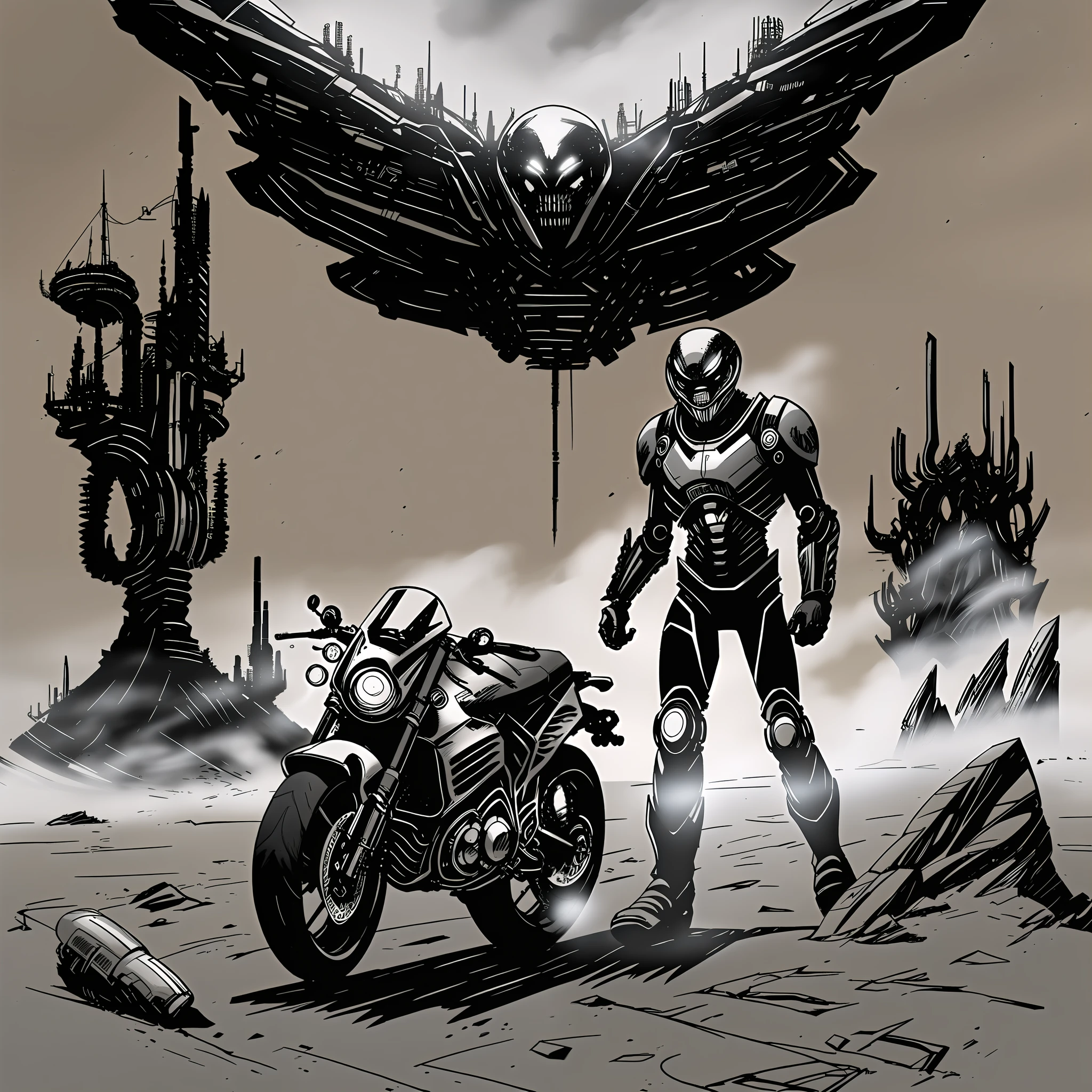 Hazy art, man driving a motorcycle all modified with technological supports with a gas marker with interconnecting cables and metal exoskeleton, dystopian landscape complex alien structures, black floor a lot of fog, (((drawing without colors)))