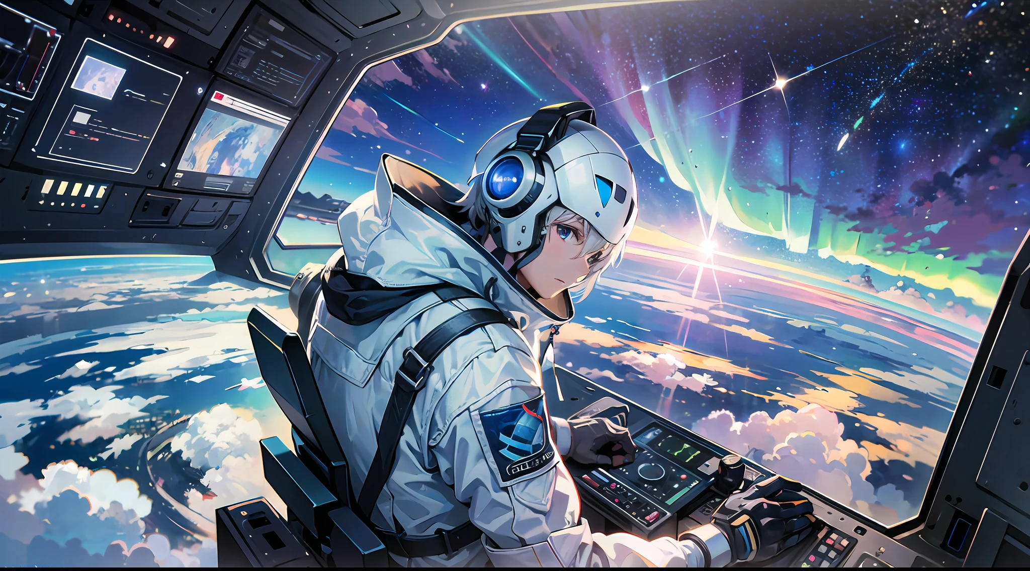 (8K, ultra-high resolution), (photorealistic: 1.3), masterpiece, (1 male character), Earth seen from space, comet, view from inside the cockpit of a robot, spacesuit, cyber pilot suit, hand gripping the control stick, operating equipment, radar, light effects, the earth spreading below, view over the man's back, looking down from above, aurora, beautiful light, Lens flare, spaceship seen outside the window