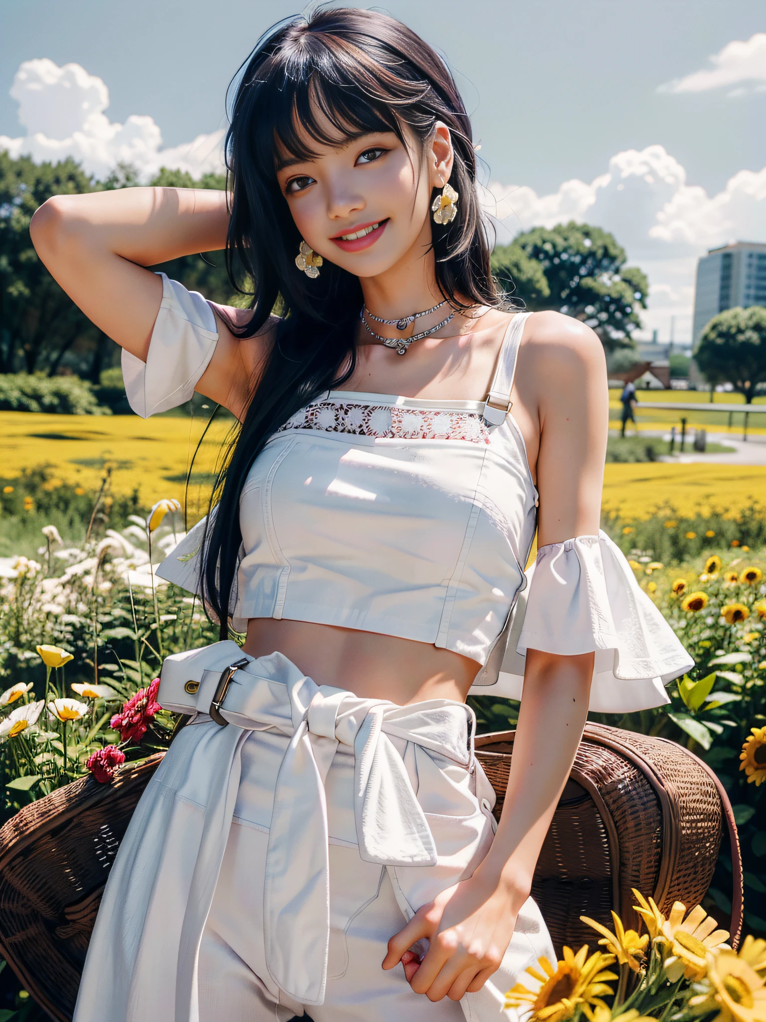 lisa, lisa face, best quality, masterpiece, super high resolution, (realism: 1.4), white suspenders, open waist, bare shoulders, micro-milk, blooming flower field, glowing skin, light smile lisa human face, flowers