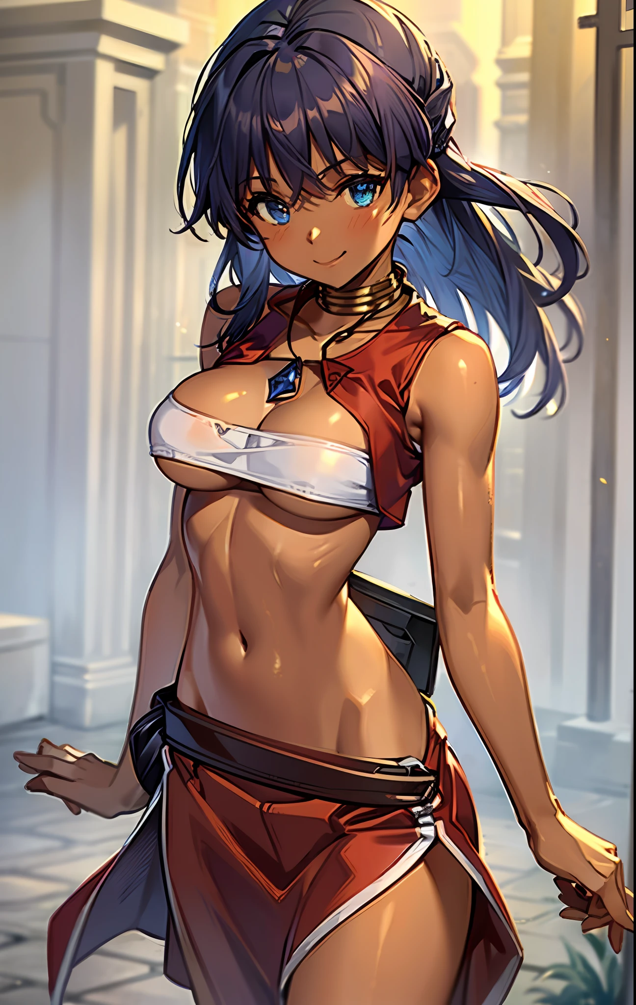 (masterpiece, best quality;1.3), extremely detailed, 1girl, solo, detailed skin, looking at viewer, dark skin, smile, ungry, large breast,cowboy shot, nadia,dark purple hair, WHITE BANDEAU swimsiuts, red vest,Gold collar, Necklace with large light blue gemstones, walking,