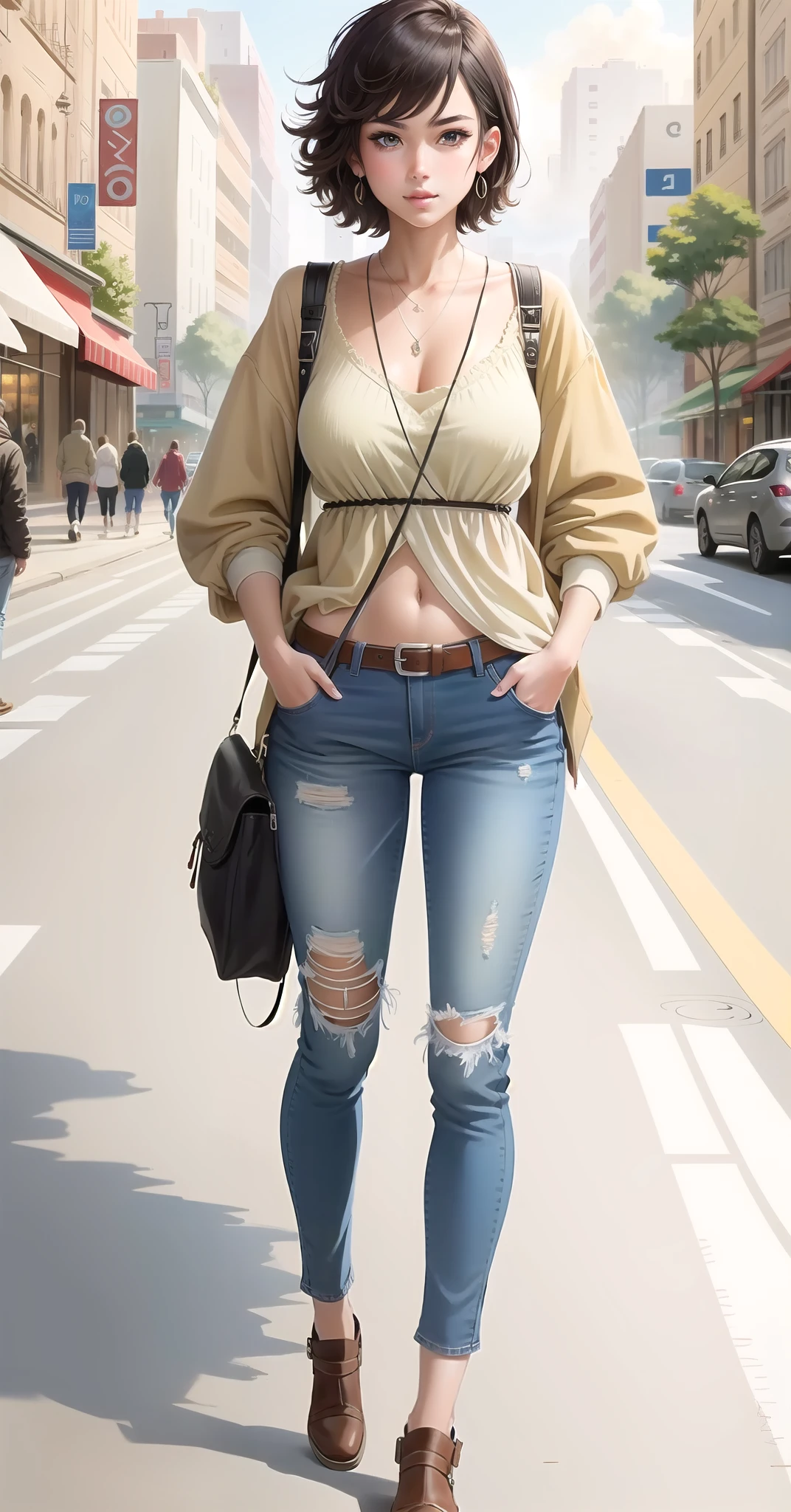 Anime girl, short hair girl, tall child EMO art student, full body illustration, hands in pockets, full body concept,!! Full body portrait!, Full body portrait of jeans! Background is bustling city streets and roads, detailed full body concept, guitar concept art, mechanical punk costumes, full body portrait, detailed full body concept art, full body pictures, Cushart Kenz, female full body