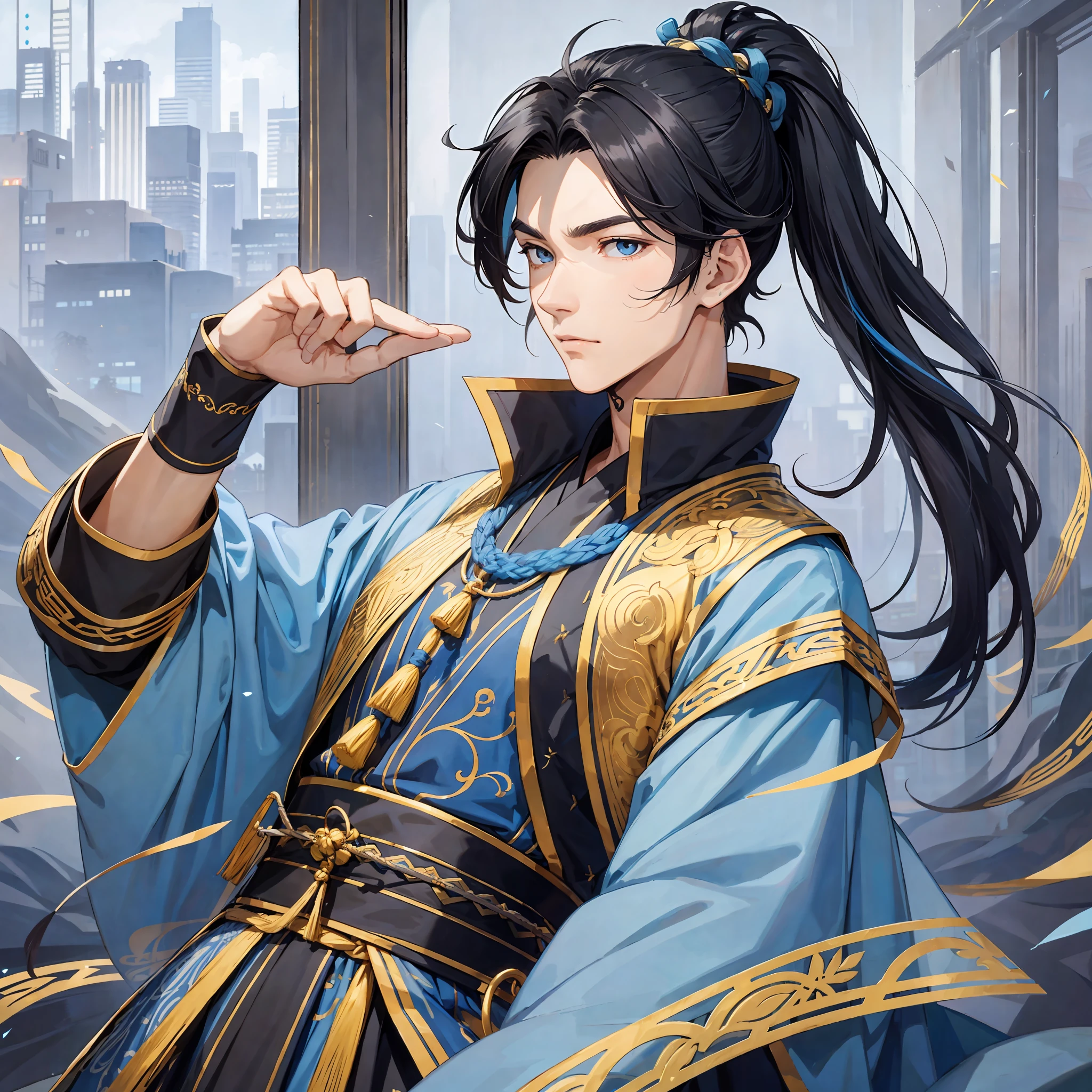 2D, perfect, high quality, handsome, boy, male, black hair, high ponytail, long sideburns, tall, gray and blue tunic, aura surrounding, Chinese costume --auto --s2