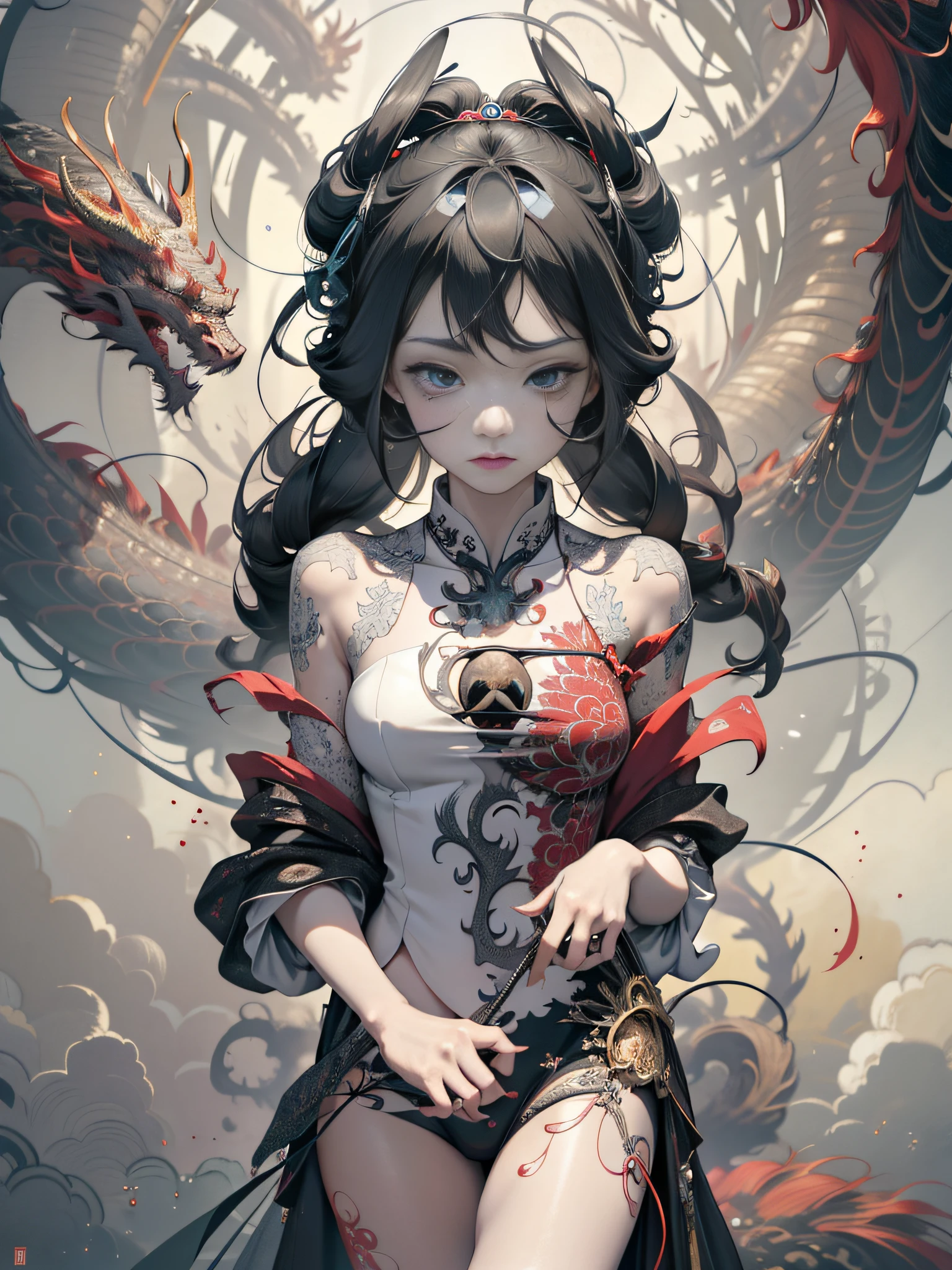 Official Art, Unified 8k Wallpapers, Ultra Detailed, Beautiful and Aesthetic, Masterpiece, Best Quality, (Zentangle, Mandala, Tangled, Entangled), (Fractal Art: 1.3), 1girl,, Black Chinese Dragon Surrounding, White Hanfu, Very Detailed, Dynamic Angle, Cowboyshot, Most Beautiful Forms Chaotic, Elegant, Fauvist Design, Bright Colors, Romanticism, James Jean, Robbie Devi Antono, Ross Tran, Francis Bacon, Michal Mraz, Adrian Gaini, Petra Kotwright, Gerhard Richter, Takashi Yamamoto, Ashley Wood, atmospheric, ecstatic notes, flow notes visible