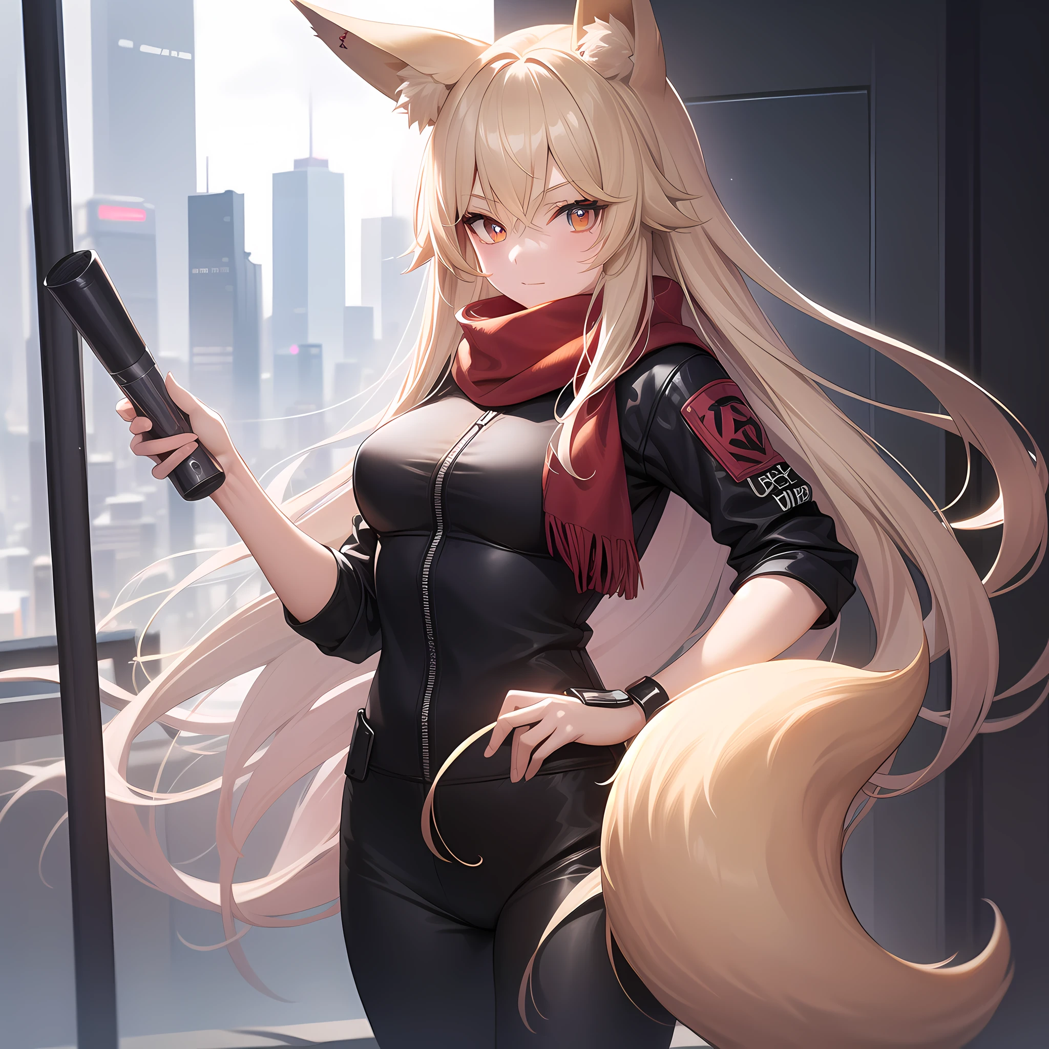 Masterpiece, Best Quality, CG, Wallpaper, HDR, High Quality, HD, Very Detailed, (White Long Hair: 1.8), Blonde Eyes, Red Eyeshadow, Fox Ears, Fox Tail, (White Jacket: 1.6), Red Scarf, Black Jumpsuit, Orange-Red Sneakers, Beast Ear Girl, Cyberpunk, A Girl Holding a Fox Mask