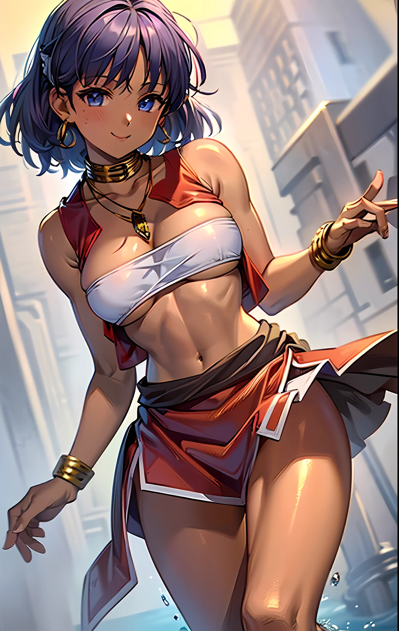 (masterpiece, best quality;1.3), extremely detailed, 1girl, solo, detailed skin, looking at viewer, dark skin, smile, ungry, large breast,cowboy shot, nadia,dark purple hair, WHITE BANDEAU swimsiuts, red vest,Gold collar, Necklace with large light blue gemstones, walking,