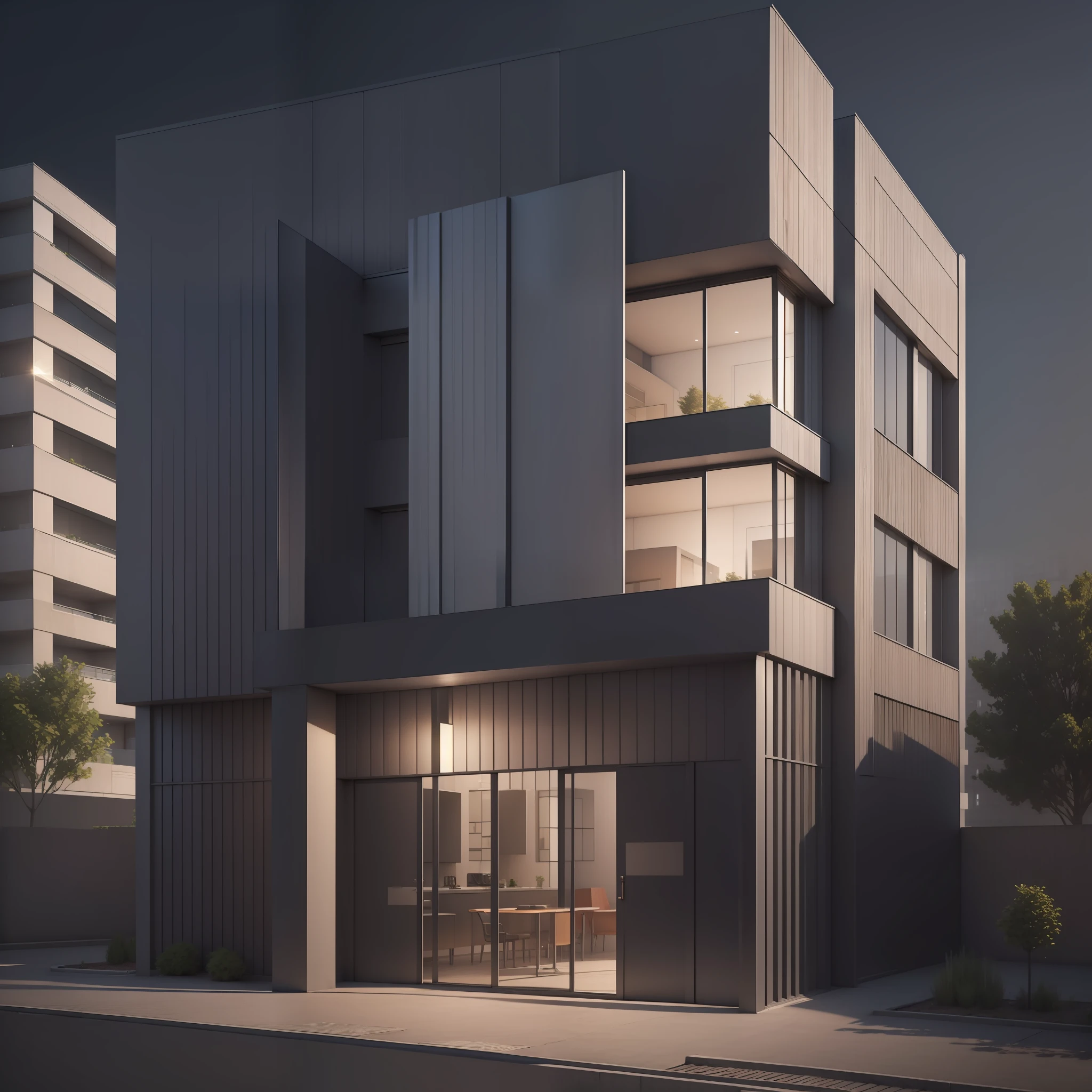 ((masterpiece, best quality)), 8k, modern architecture style, photo realistic, david chipperfield, hyper detailed photo, single box, a digital 3d render of a building, Green building, leansflare, Forest, Night time