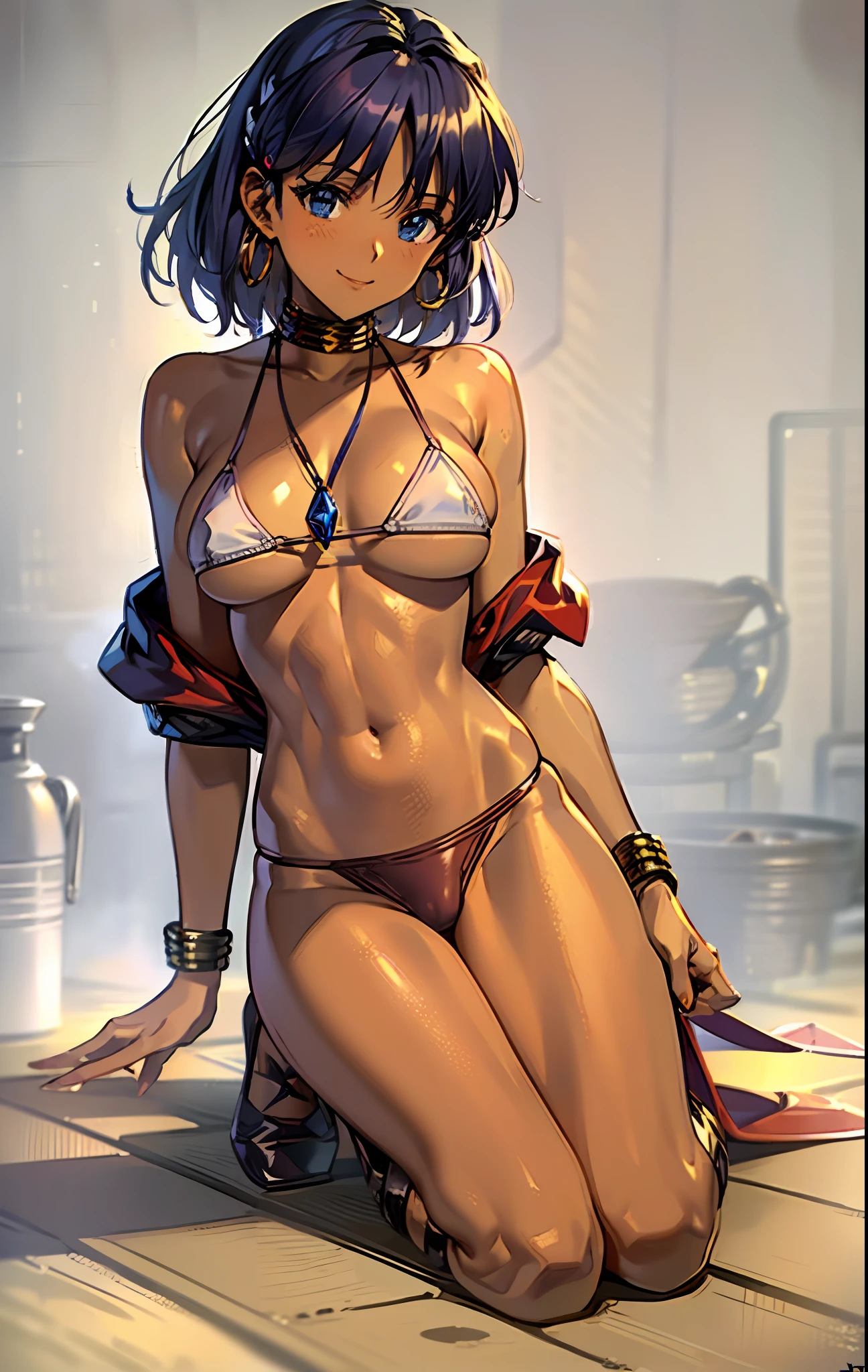 (masterpiece, best quality;1.3), extremely detailed, 1girl, solo, detailed skin, looking at viewer, dark skin, large breast,cowboy shot, smile, nadia,dark purple hair, WHITE bikini, red vest,Gold collar, Necklace with large light blue gemstones, from below, spread legs, kneeling, sadamoto yoshiyuki,