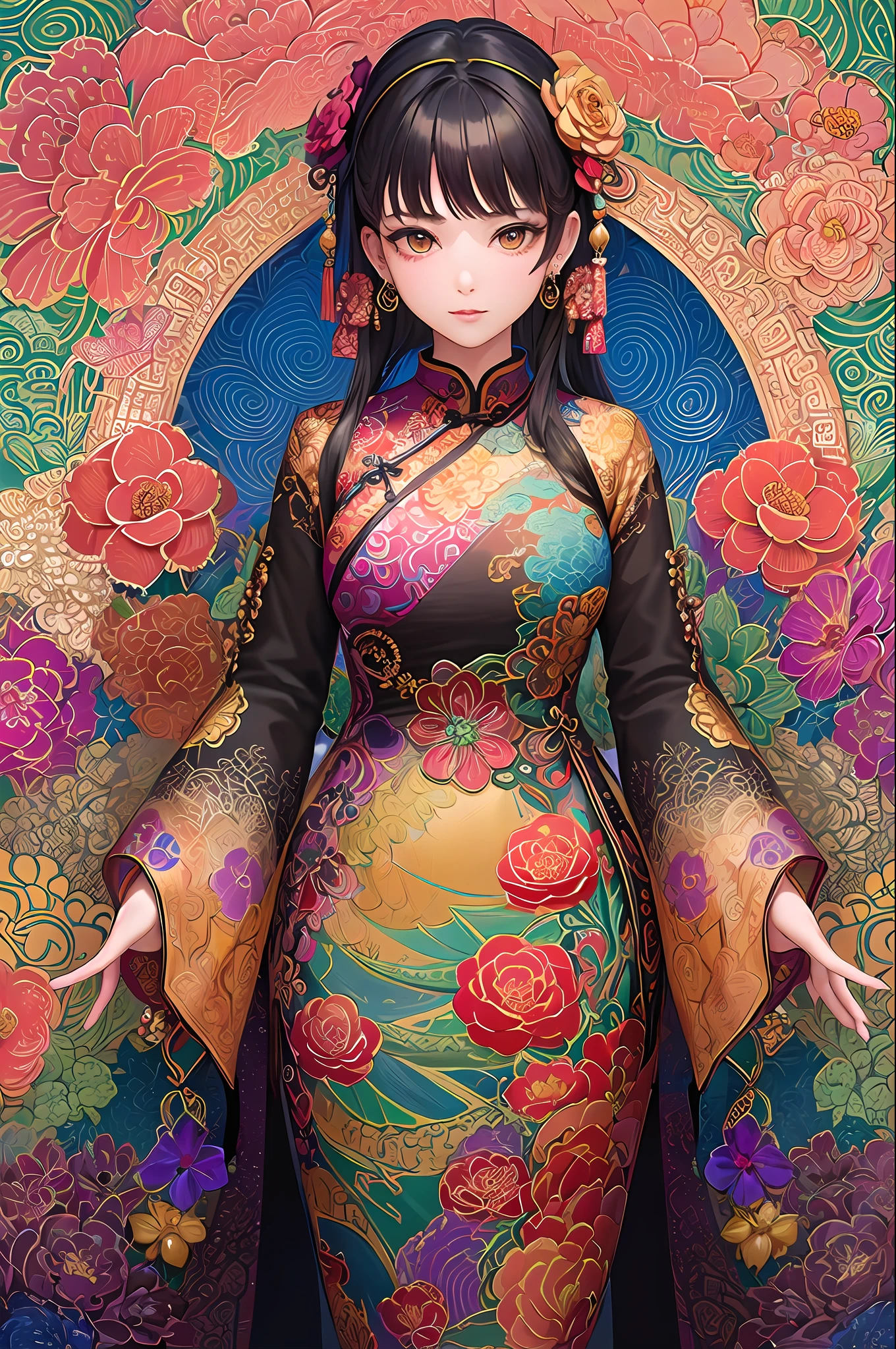 (masterpiece, top quality, best quality, official art, beautiful and aesthetic:1.2), (1girl:1.3), extremely detailed,(fractal art:1.1),(colorful:1.1)(flowers:1.3),highest detailed,(zentangle:1.2), (dynamic pose), (abstract background:1.3), (chinese Traditional cloth:1.2), (shiny skin), (many colors:1.4), ,(earrings:1.4),