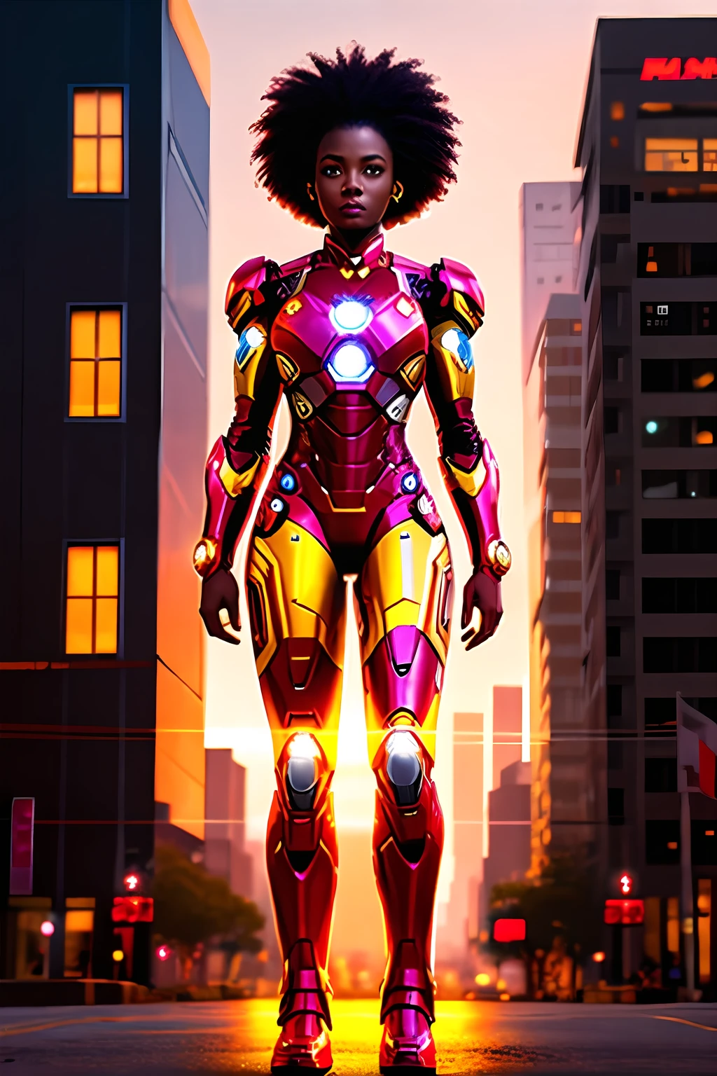 afro woman in an iron man suit standing in front of a building, iron man, like ironman, cyberpunk iron man, ironman, hq 4k wallpaper, Lupita niongo as iron man, cinematic body, filmed cinematic whole body, colorful hero pose city lighting, marvel style, covered in full metal armor, 4k phone wallpaper