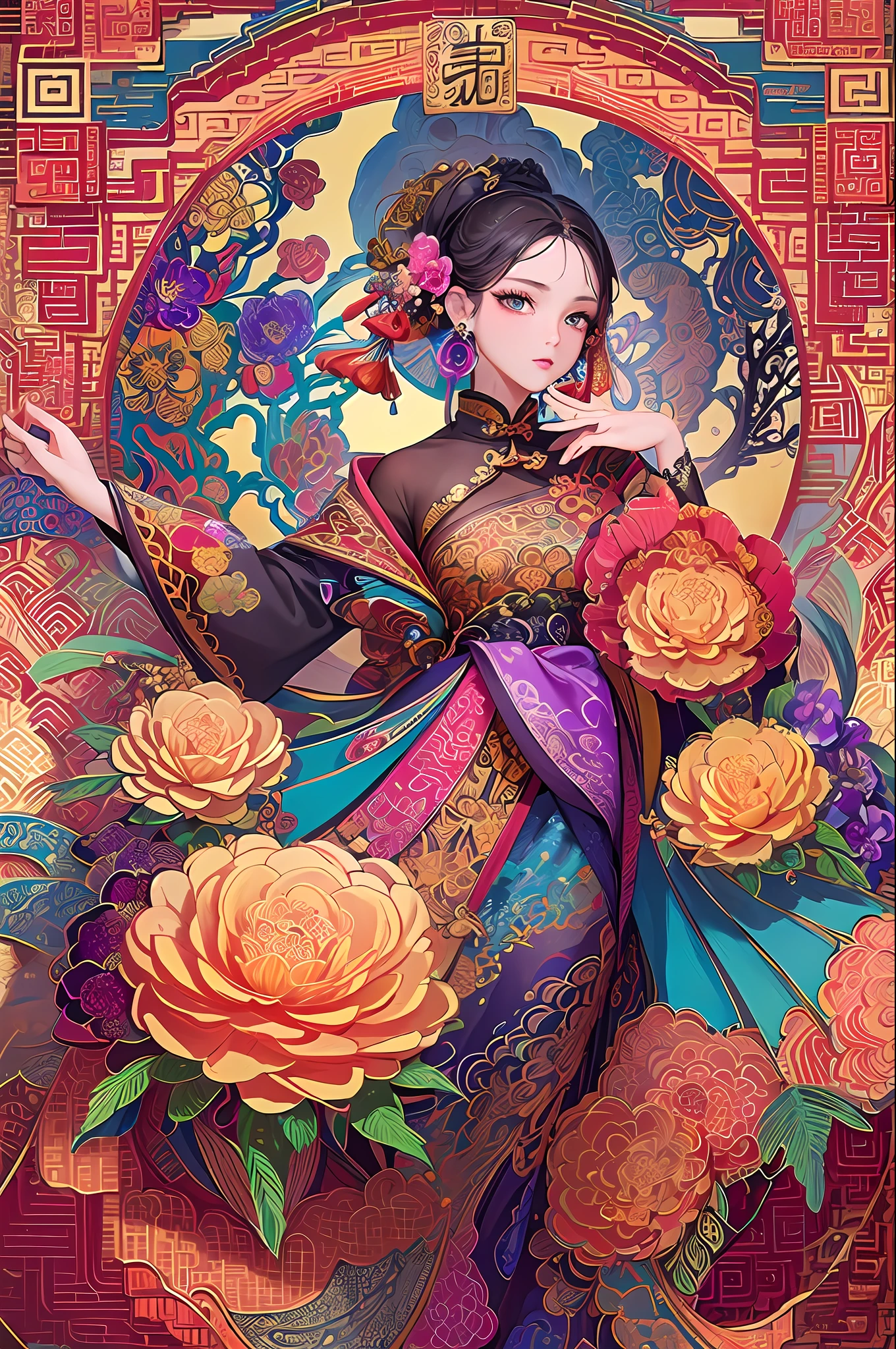 (masterpiece, top quality, best quality, official art, beautiful and aesthetic:1.2), (1girl:1.3), extremely detailed,(fractal art:1.1),(colorful:1.1)(flowers:1.3),highest detailed,(zentangle:1.2), (dynamic pose), (abstract background:1.3), (chinese Traditional cloth:1.2), (shiny skin), (many colors:1.4), ,(earrings:1.4),