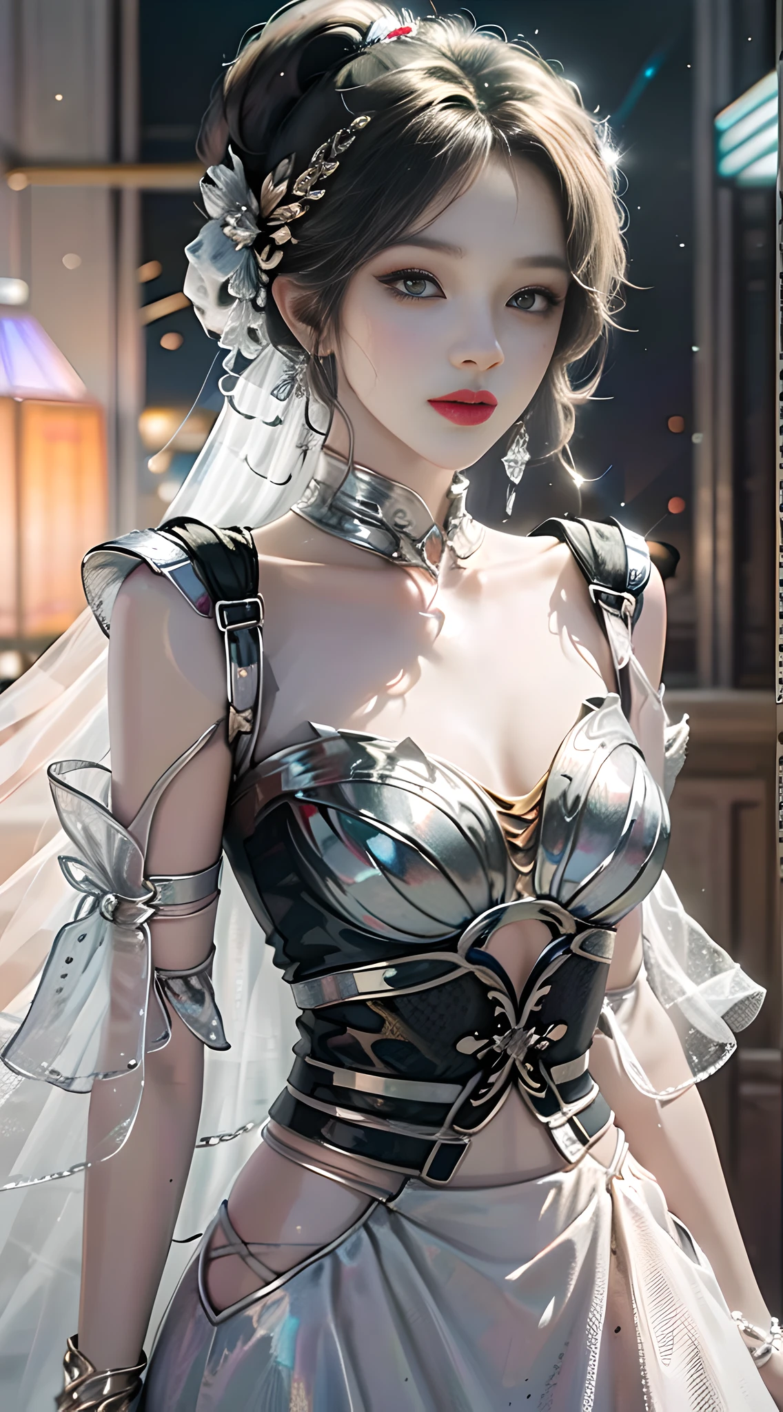 "fashi-girl, (corset maxi dress: 1.5), (chestless max: 1.5), delicate red lips, mature woman, realistic and elegant makeup, surrealism, high detail, supremacy, cinematic lighting, vivid ray tracing and shadow effects, UHD HD, accurate representation of skin textures, high-quality work with super detail, award-winning and best quality high-resolution photos, including 1080P, 16k, 8k, and 4K HD images."