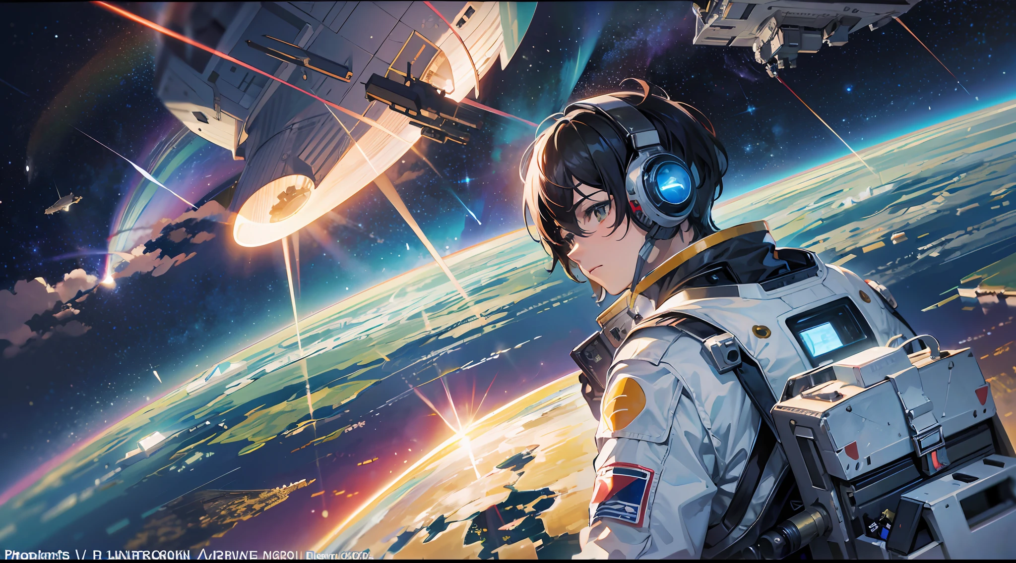 (8K, Ultra High Resolution), (Photorealistic: 1.3), Masterpiece, (1 male character), Black hair, Earth seen from space, Comet, View from inside robot cockpit, spacesuit, cyber pilot suit, hand holding the control stick, operating equipment, radar, light effects, the earth below, view over the back of a man, looking down from above, aurora, beautiful light, lens flare, spacecraft visible outside spacecraft, giant structure floating in Earth's satellite orbit