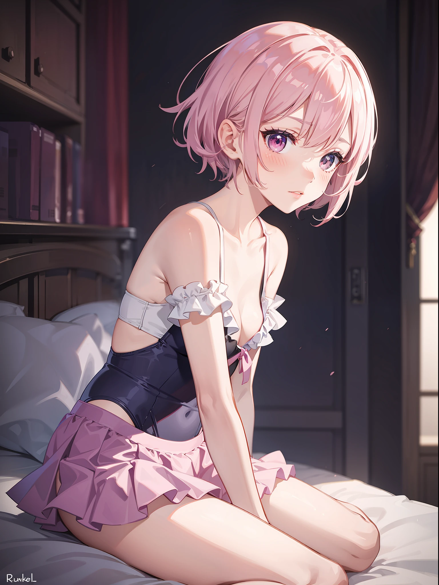 slender pretty girl, futuristic pink swimsuit, high resolution, top quality, super detail, fine details, no blush, knee-high, ruffles, skirt, small breasts, short hair