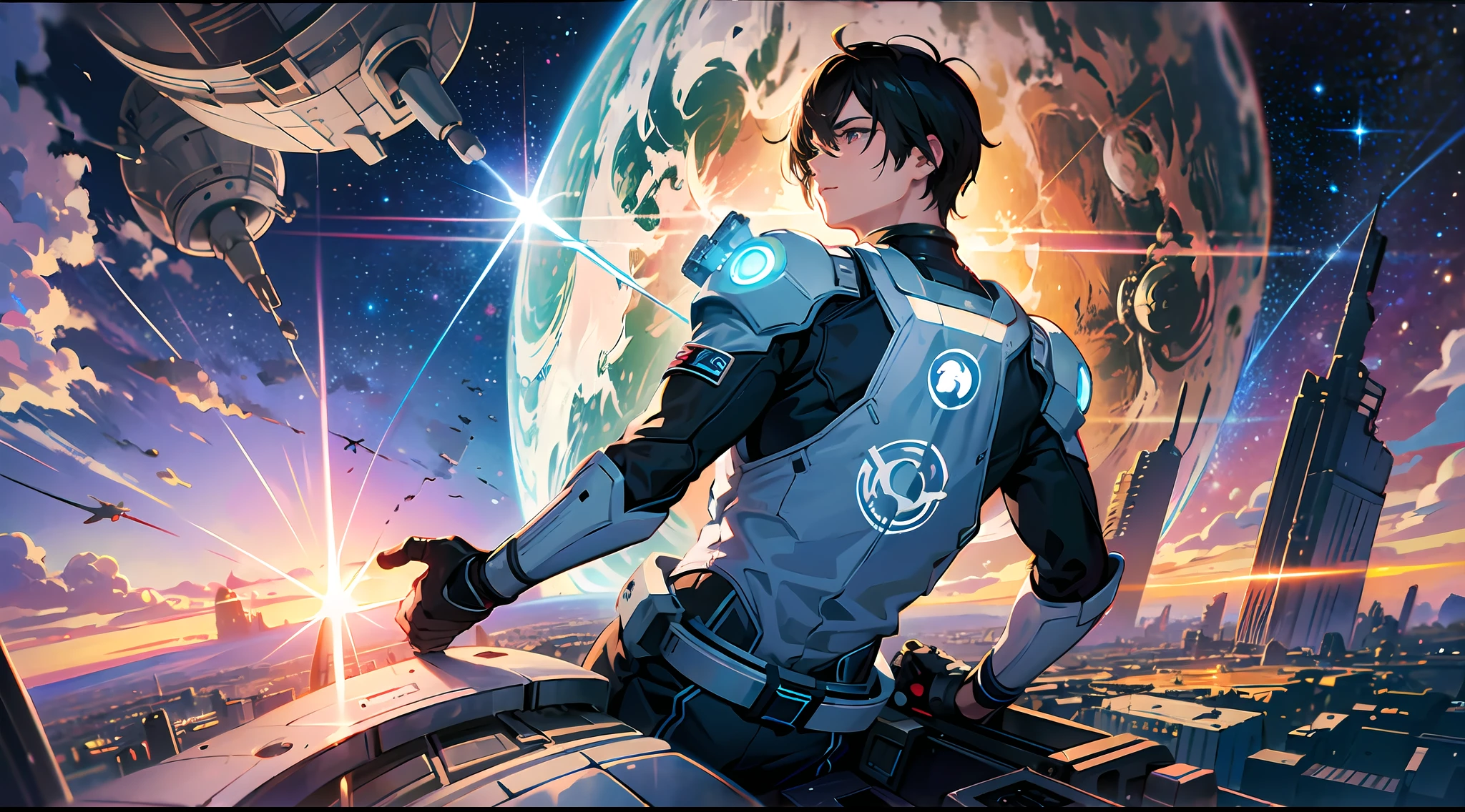 (8K, Ultra High Resolution), (Photorealistic: 1.3), Masterpiece, (1 male character), Black hair, Earth seen from space, Comet, View from inside robot cockpit, spacesuit, cyber pilot suit, hand holding the control stick, operating equipment, radar, light effects, the earth below, view over the back of a man, looking down from above, aurora, beautiful light, lens flare, spacecraft visible outside spacecraft, giant structure floating in Earth's satellite orbit