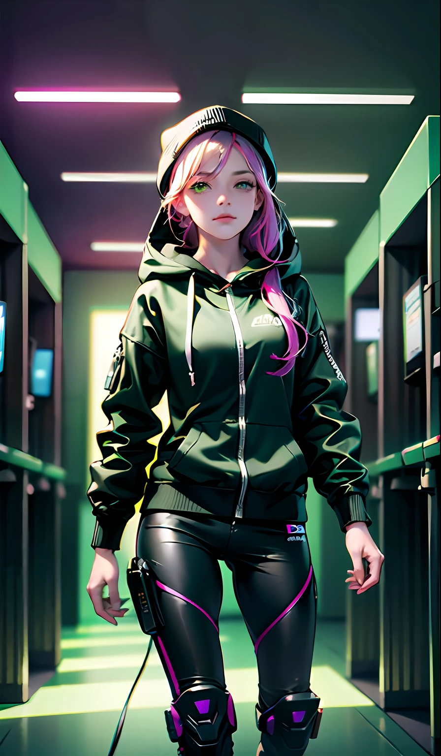 (absurdres, highres, ultra detailed), 1girl, solo, extremely detailed eyes, colorful, highest detailed,  looking at viewer, solo, (full body:0.6), detailed background, detailed face, (watchdogs theme:1.1) evil high-tech futuristic hacker,  advanced technology, hoodie, techwear, wearable device, keycard, electronics,   (holographic display:1.05), access denied, numbers, computer,  server room in background, green lights, stealth, dark sinister atmosphere, shadows, --auto --s2