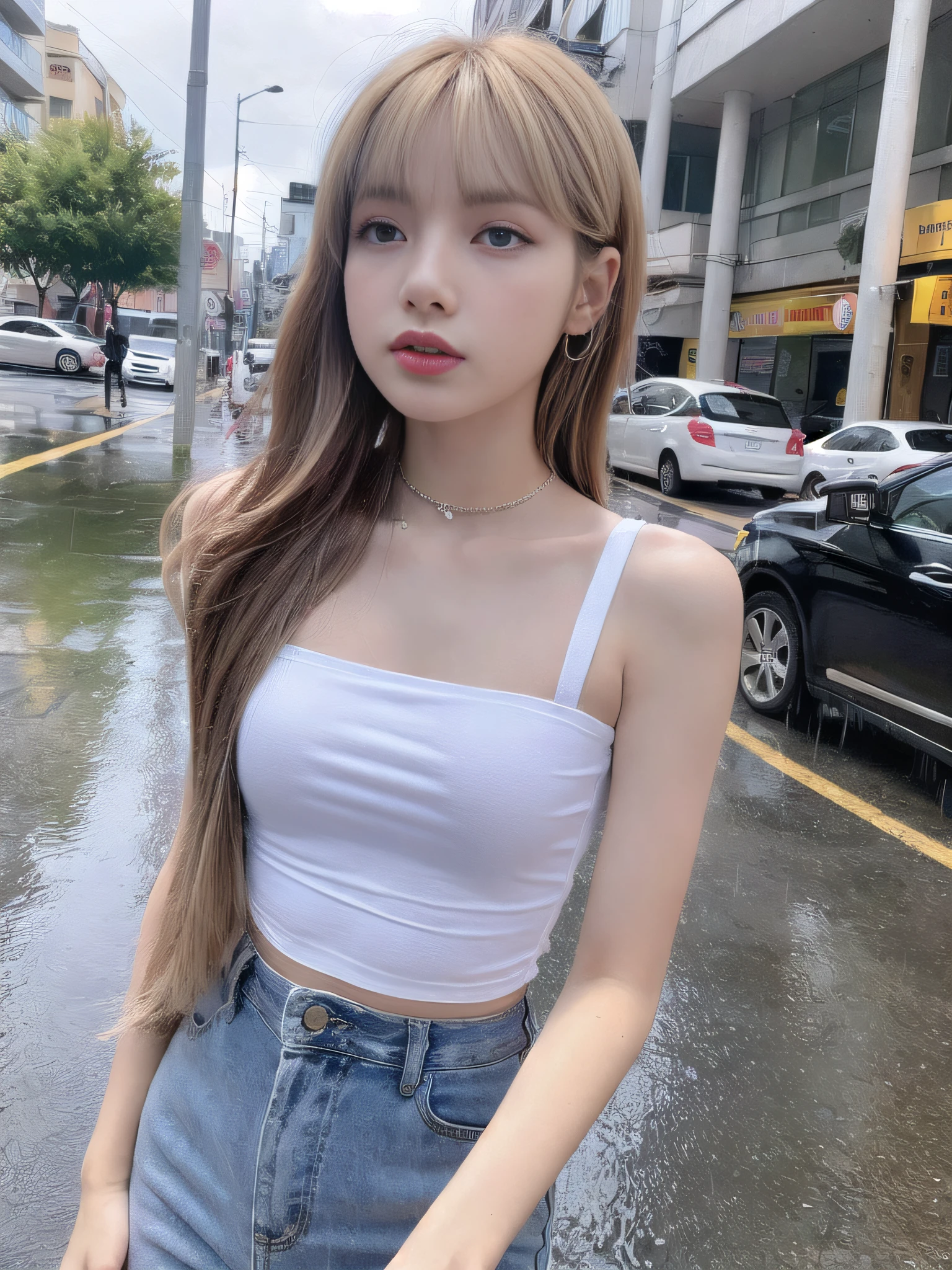 ((Best Quality, 8k, Masterpiece: 1.3)), Focus: 1.2, Perfect Body Beauty: 1.4, Buttocks: 1.2, ((Layered Haircut, Flat Chest: 1.2)), (Rain, Street:1.3), Bandeau Dress: 1.1, Highly Detailed Face and Skin Texture, Fine Eyes, Double Eyelids, Whitened Skin, Long Hair, (Shut Up: 1.3), Full Body