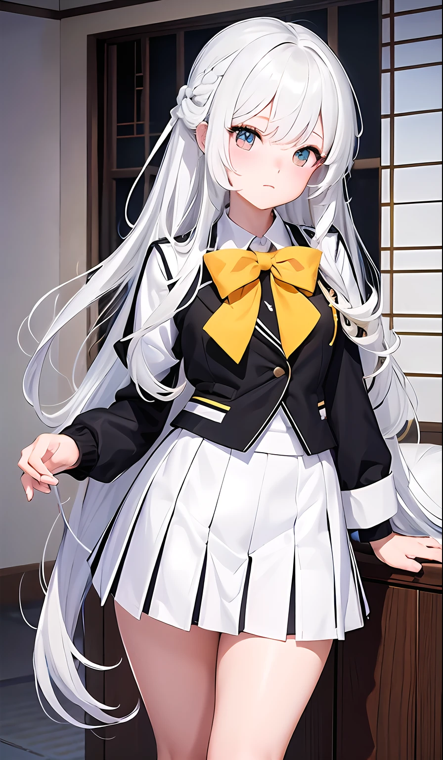 Best picture quality, high resolution, clear image, 1 female, long white hair, princess cut hairstyle, black Japanese school uniform jacket, white shirt, yellow tie, gray and white striped/checkered miniskirt (Japanese longbow on the back), perfect body , thin buttocks, narrow waist, plump body --auto --s2