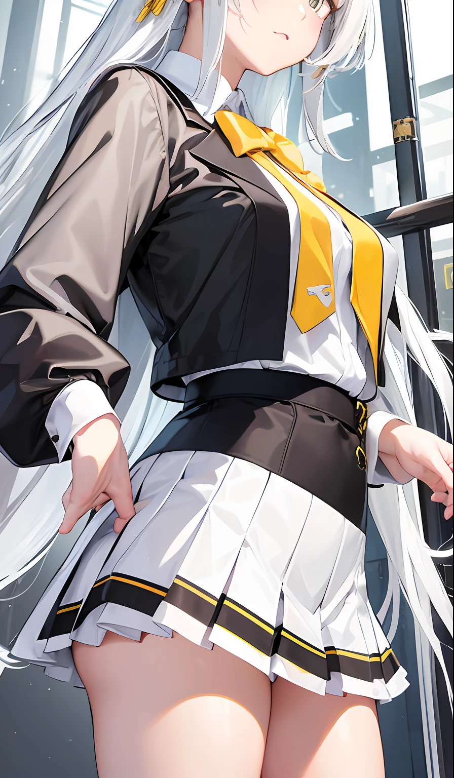 Best picture quality, high resolution, clear image, 1 female, long white hair, princess cut hairstyle, black Japanese school uniform jacket, white shirt, yellow tie, gray and white striped/checkered miniskirt (Japanese longbow on the back), perfect body , thin buttocks, narrow waist, plump body --auto --s2