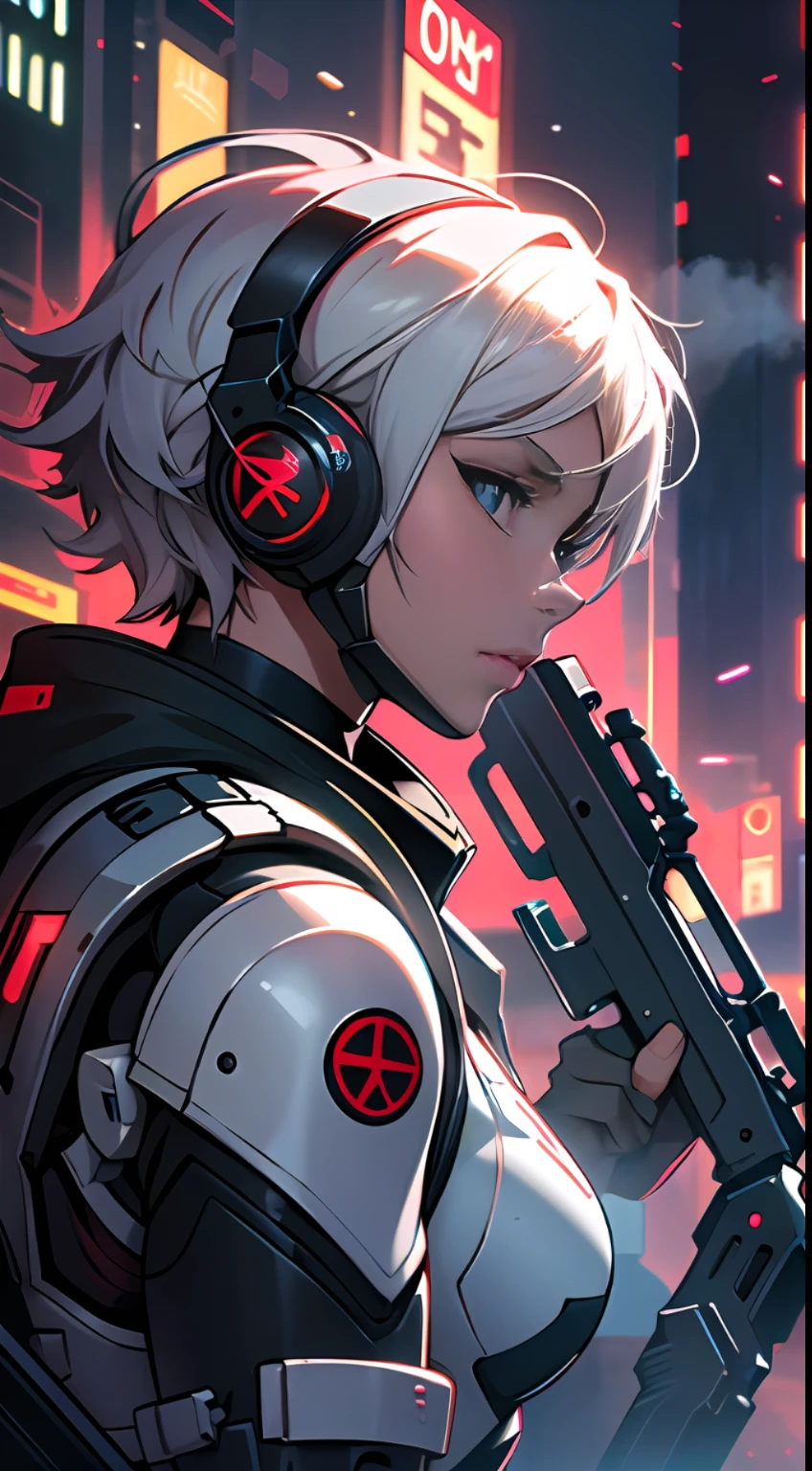 This is a CG Unity 8k wallpaper with ultra-detailed, high-resolution and top quality in cyberpunk style, dominated by black and red. In the picture, a beautiful girl with white messy short hair, a delicate face, wearing a steam mecha mask, standing on the ruins, behind her is a huge robot, and the action of a woman holding a heavy sniper rifle in her hand, --auto --s2