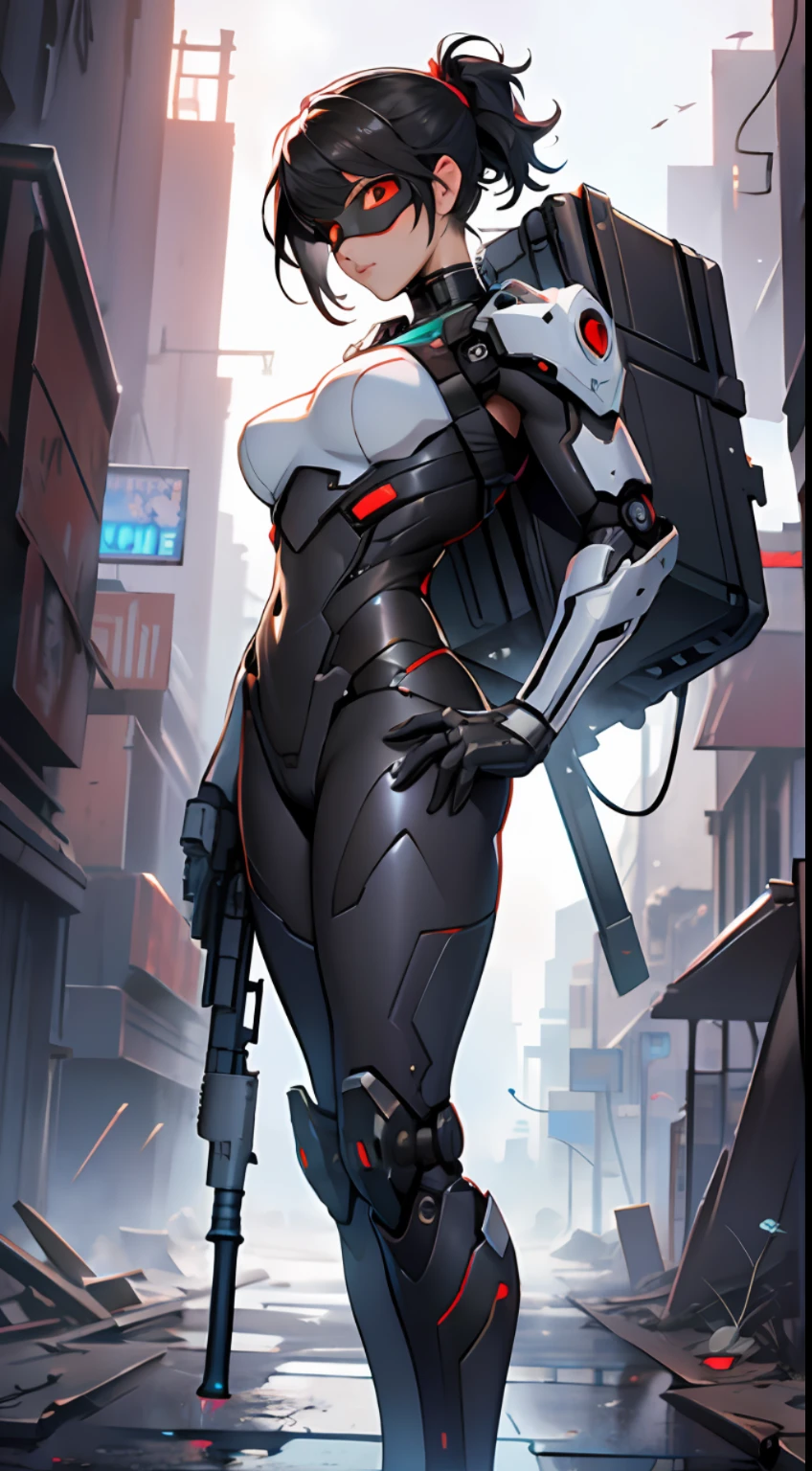 This is a CG Unity 8k wallpaper with ultra-detailed, high-resolution and top quality in cyberpunk style, dominated by black and red. In the picture, a beautiful girl with white messy short hair, a delicate face, wearing a steam mecha mask, standing on the ruins, behind her is a huge robot, and the action of a woman holding a heavy sniper rifle in her hand, --auto --s2