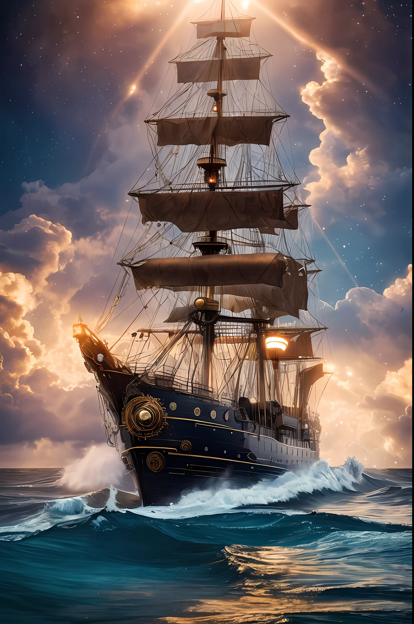 Professional photo of a steampunk ship on high sea. Huge waves, Milky Way. Highly detailed, complex background, perfect lighting, lens flares, shadows, intricate details, golden hour, film grains, masterpiece, highest quality.