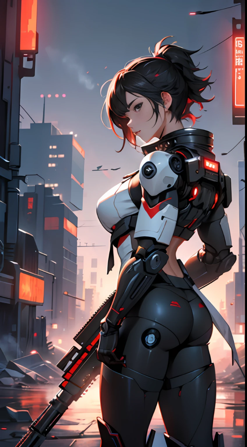 This is a CG Unity 8k wallpaper with ultra-detailed, high-resolution and top quality in cyberpunk style, dominated by black and red. In the picture, a beautiful girl with white messy short hair, a delicate face, wearing a steam mecha mask, standing on the ruins, behind her is a huge robot, and the action of a woman holding a heavy sniper rifle in her hand, --auto --s2